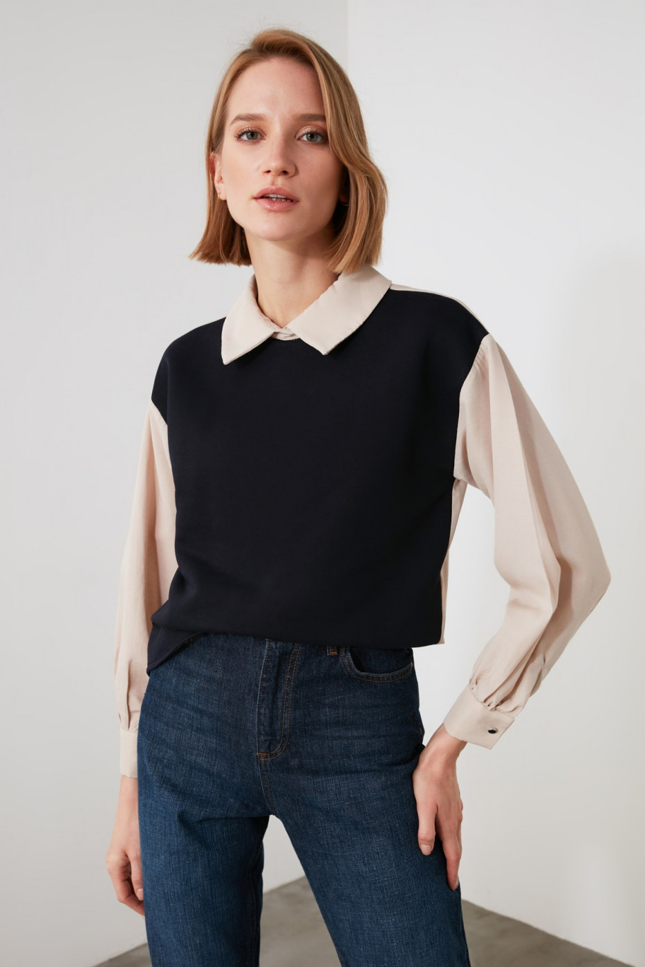 Trendyol Navy Shirt Collar Blouse