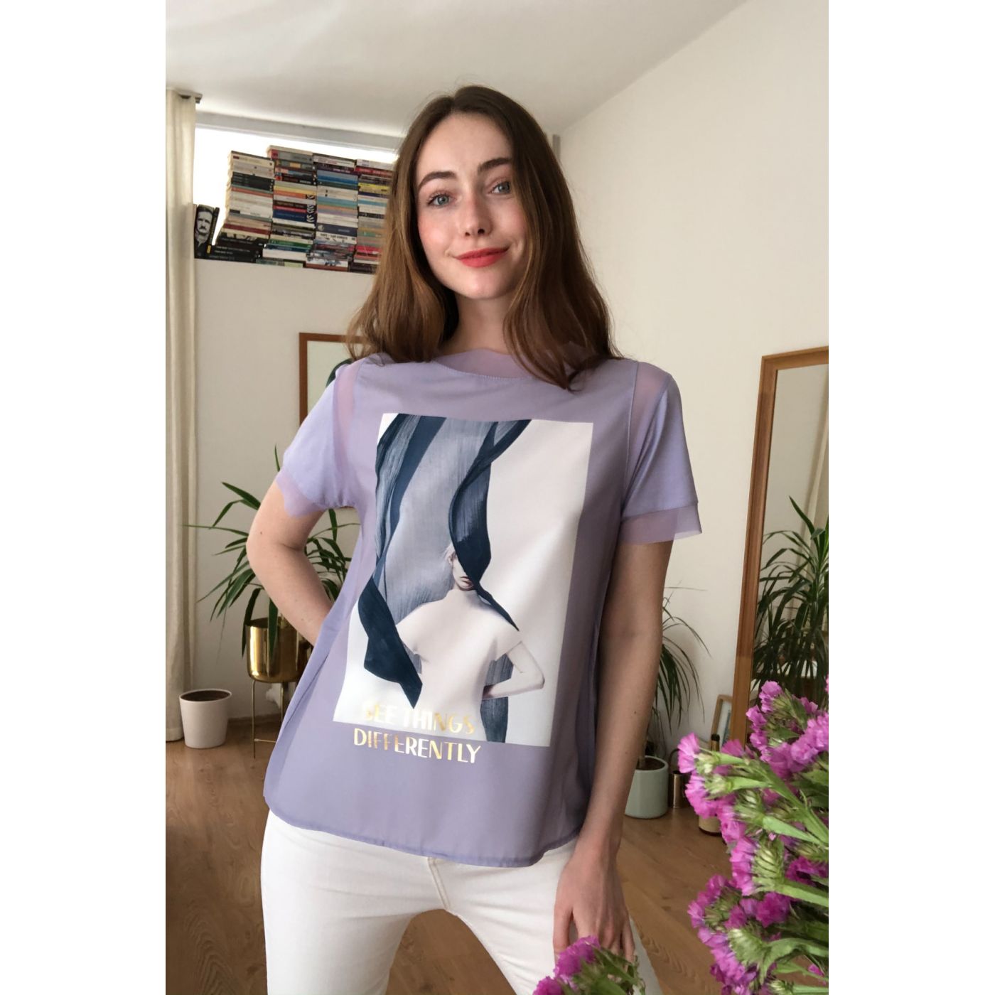 Trendyol Lila Printed Arms Tulle Knitted Blouse