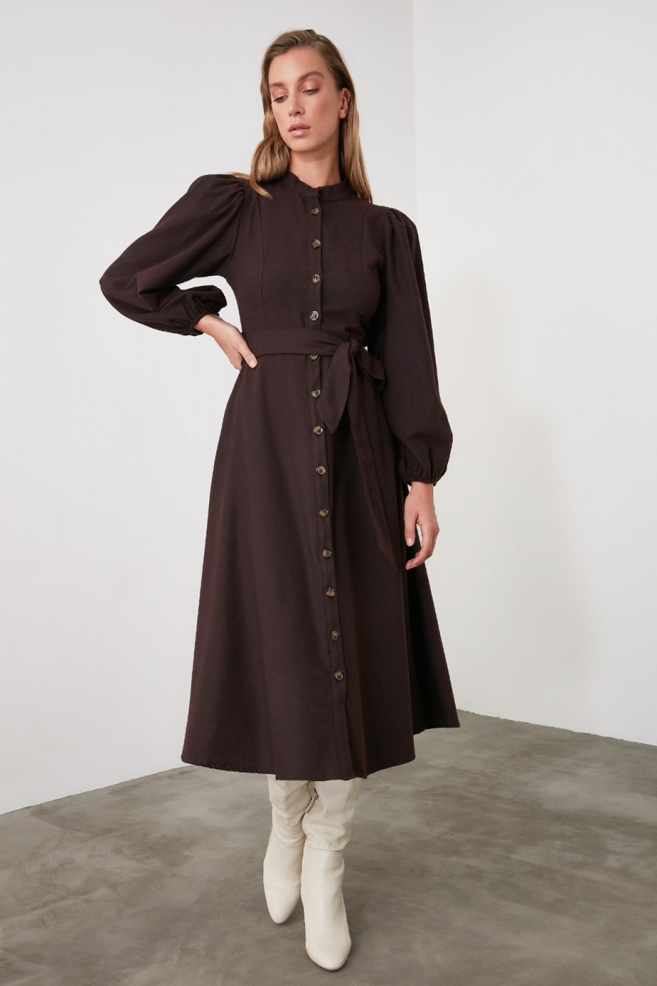 Trendyol Brown Belt Button Dress