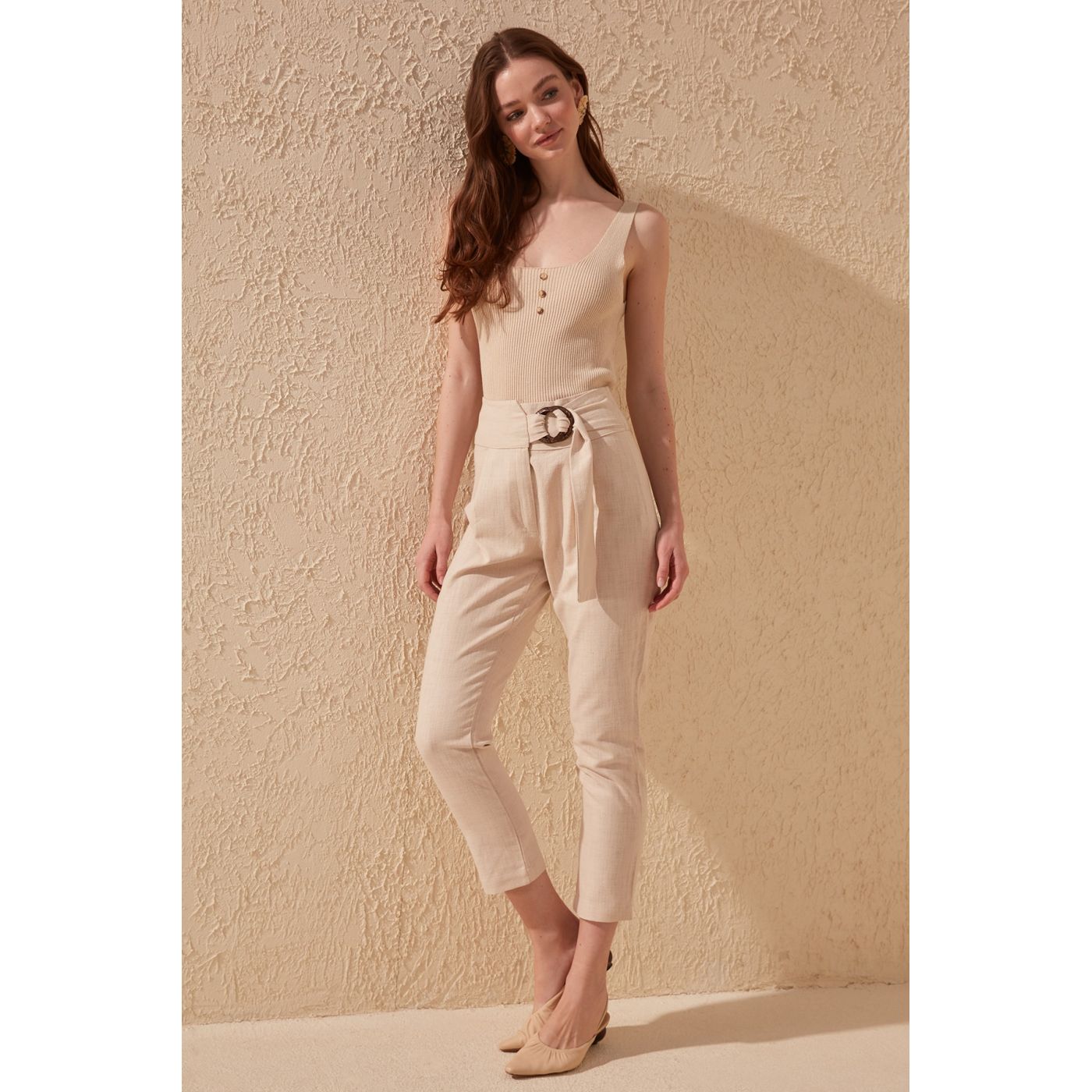 Trendyol Beige Tie Detailed trousers