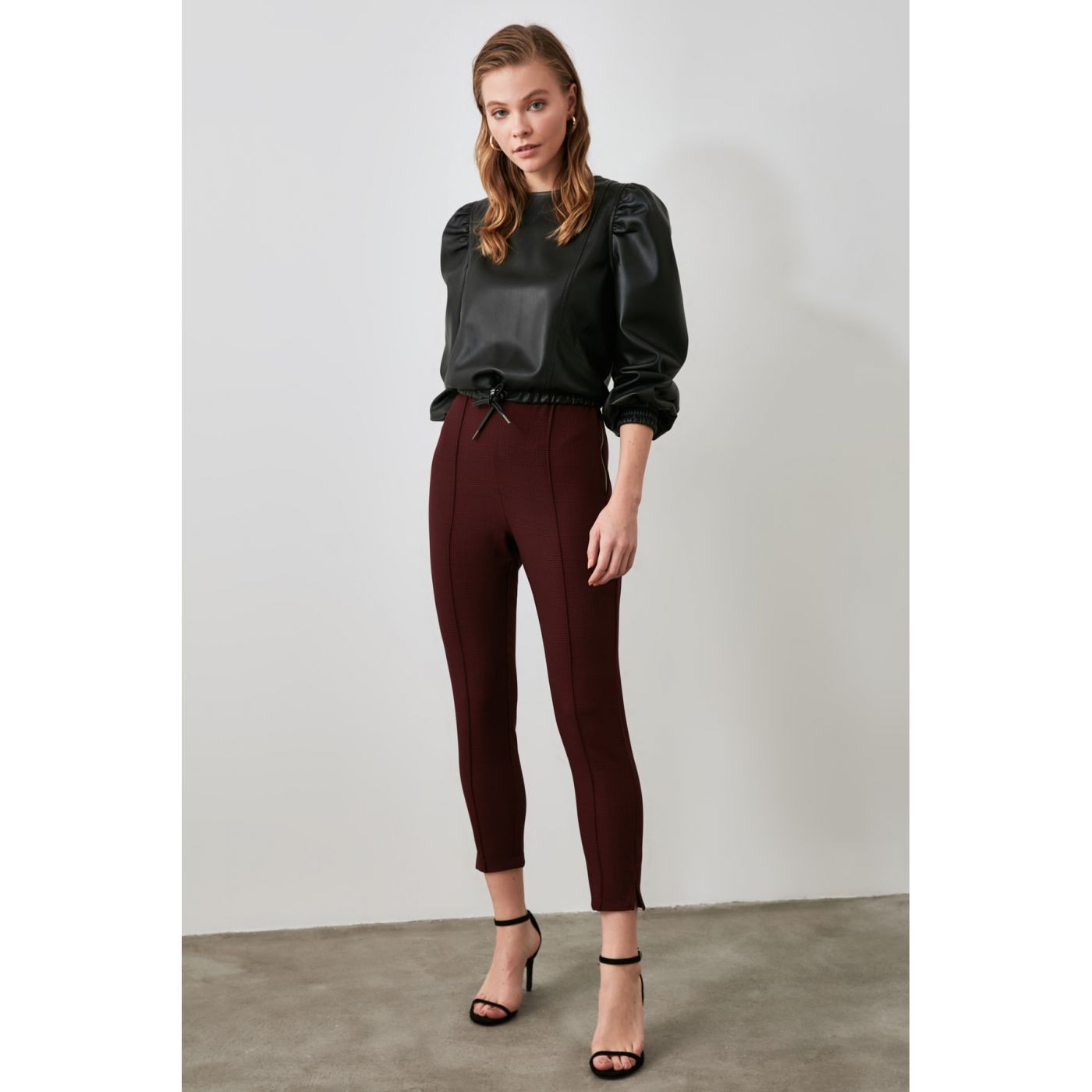 Trendyol Burgundy Plaid Skinny Pants