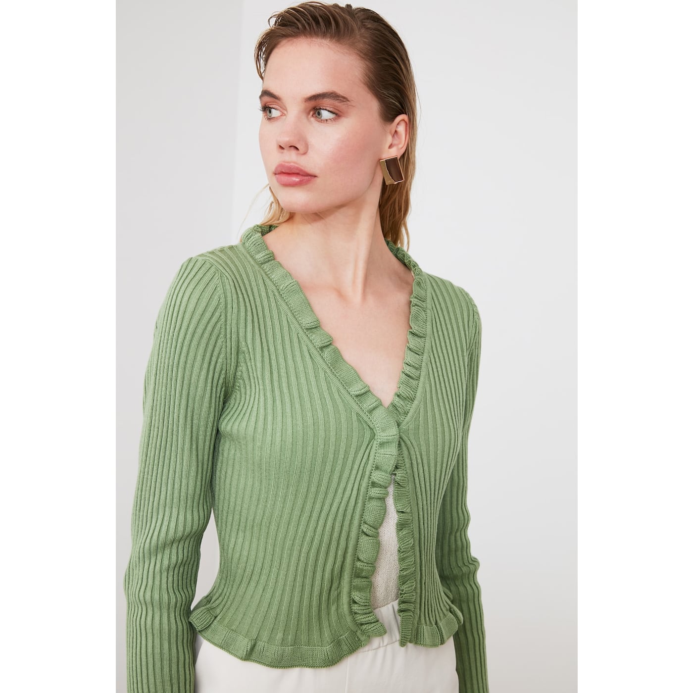 Trendyol Mint Frilled Knit Cardigan