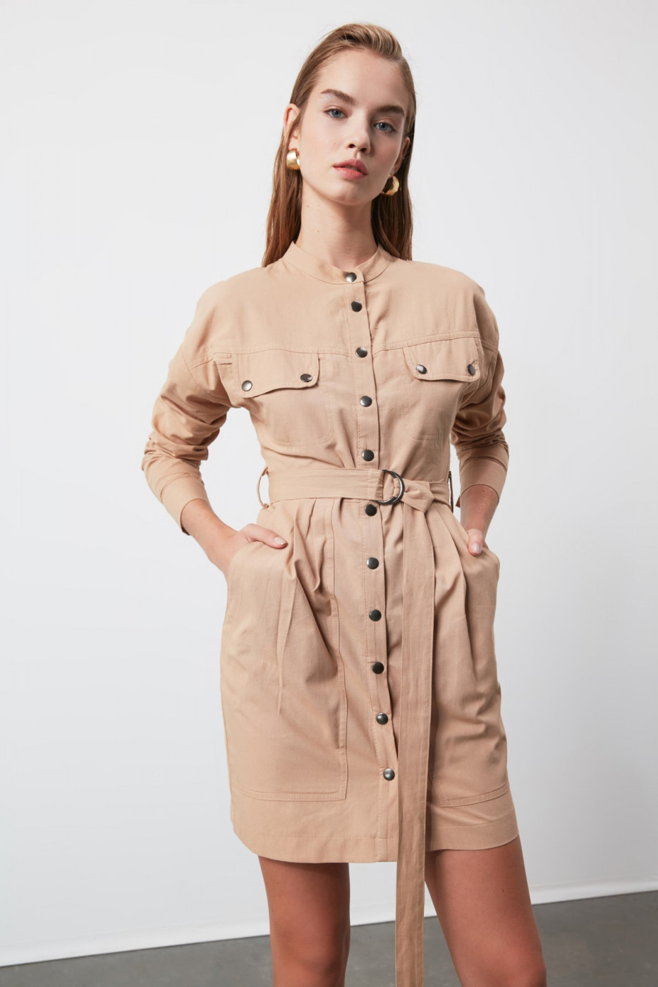 Trendyol Camel Belted Pocket Detailed Dress