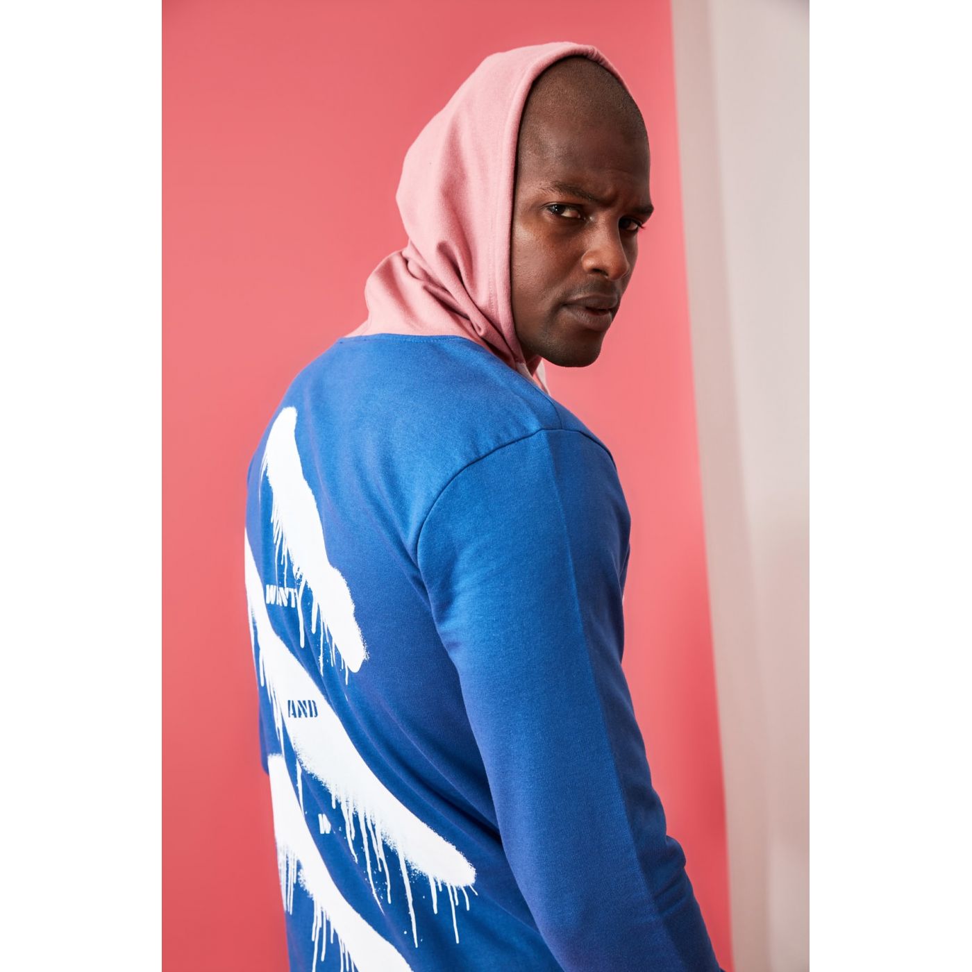 Trendyol Blue Men's Back PrintEd Hooded Sweatshirt