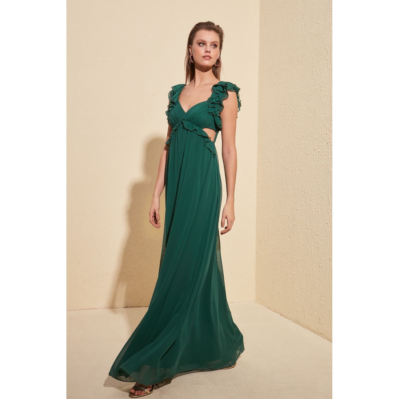 Trendyol Emerald Green Shoulder Detailed Evening Dress & Graduation Dress