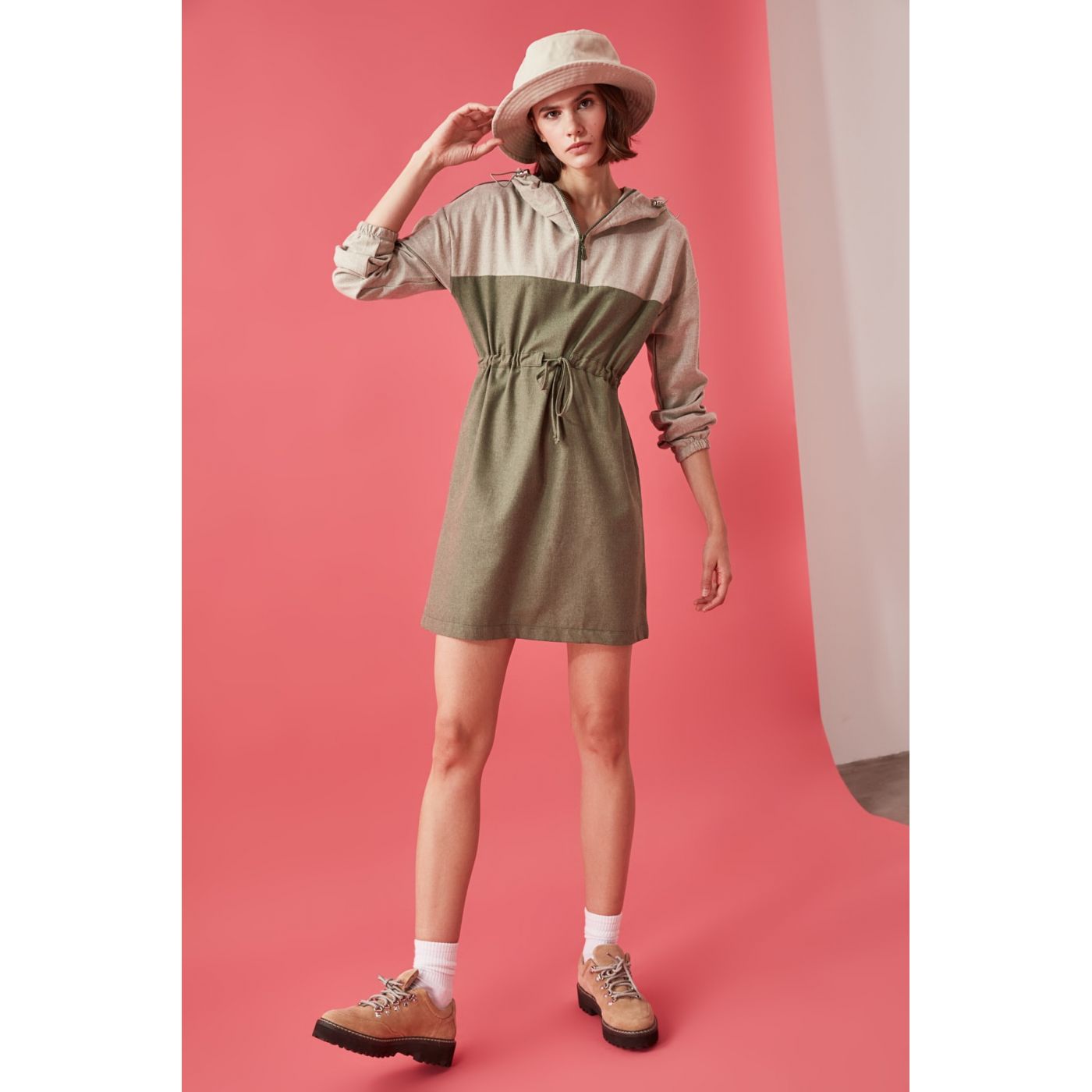 Trendyol Green Block Hooded Dress