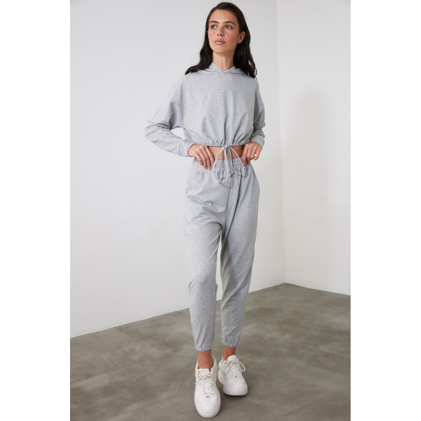 Trendyol Grey Crop Hooded Knitted Tracksuit Set