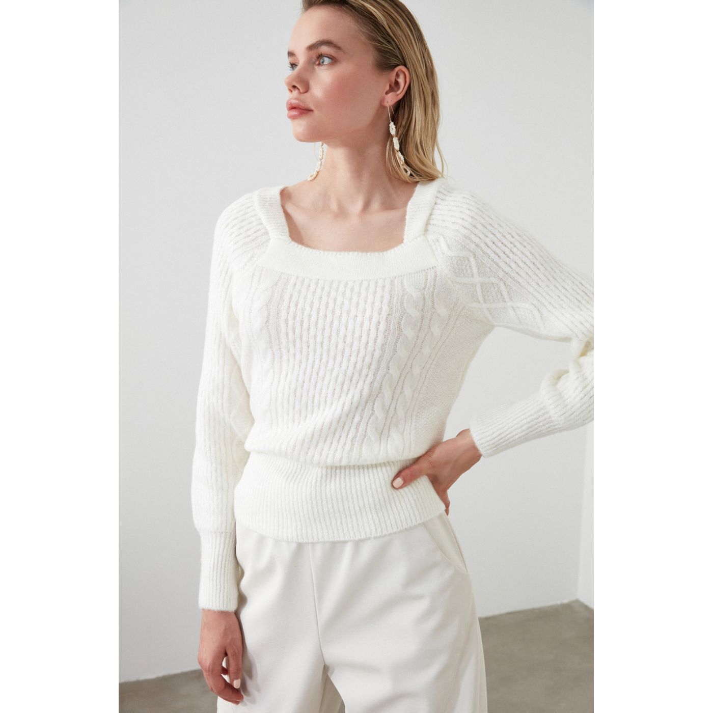 Trendyol Ekru Mesh Detailed Square Collar KnitSweater