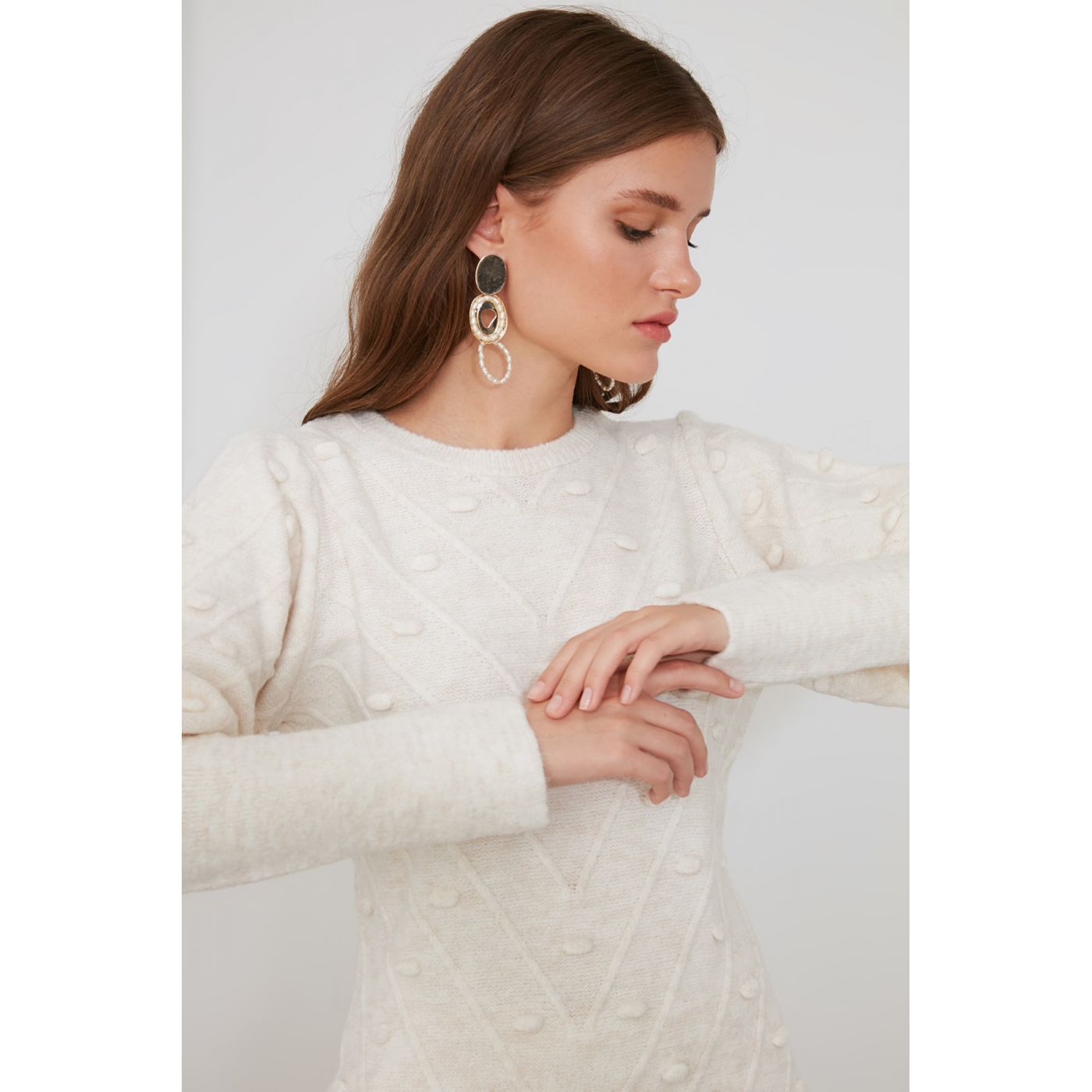 Trendyol Beige Ponpoon Uns Detailed Sweater