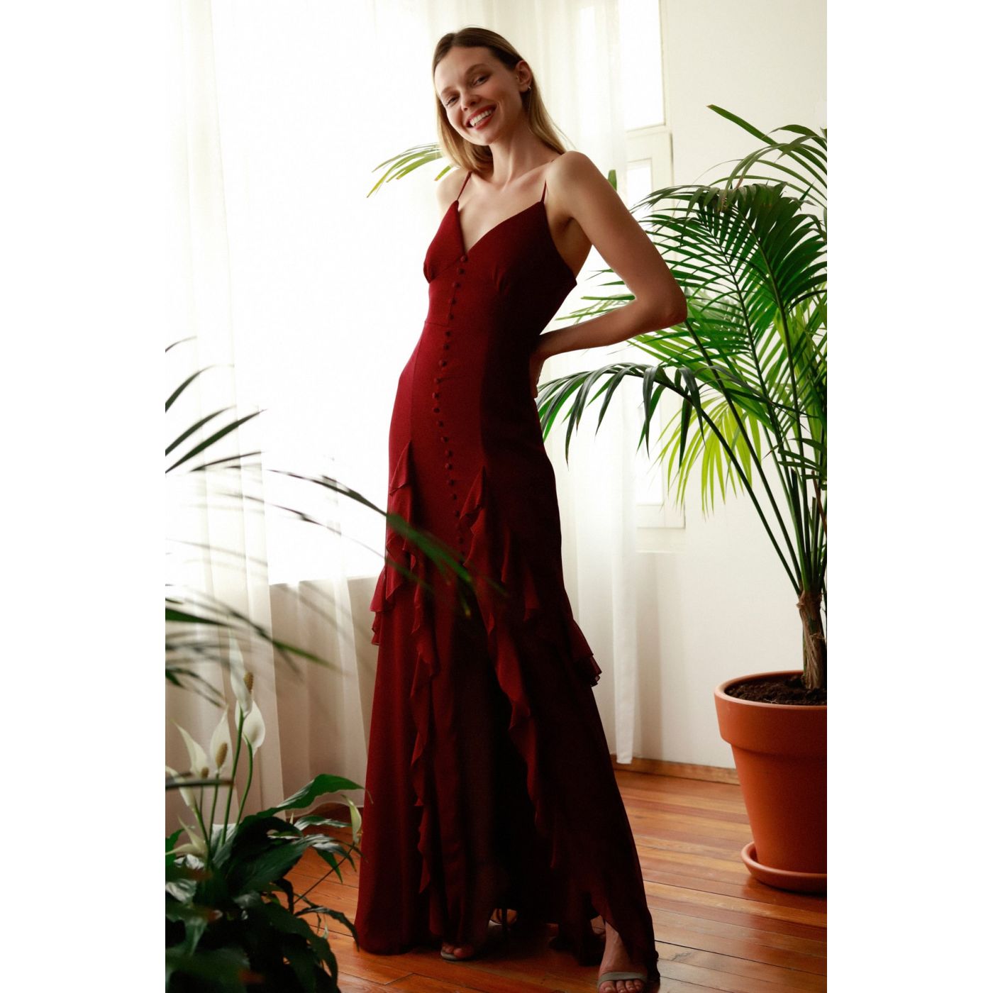 Trendyol Burgundy Button Detailed Evening Dress & Graduation Dress