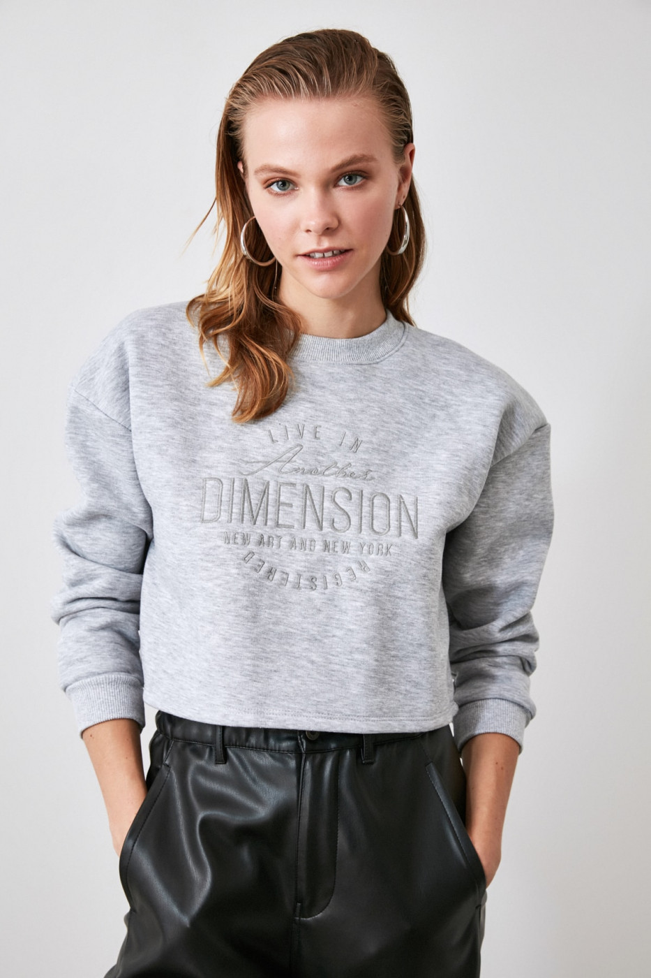 Trendyol Grey Embroidered Upright Neck Line Crop Knitted Sweatshirt