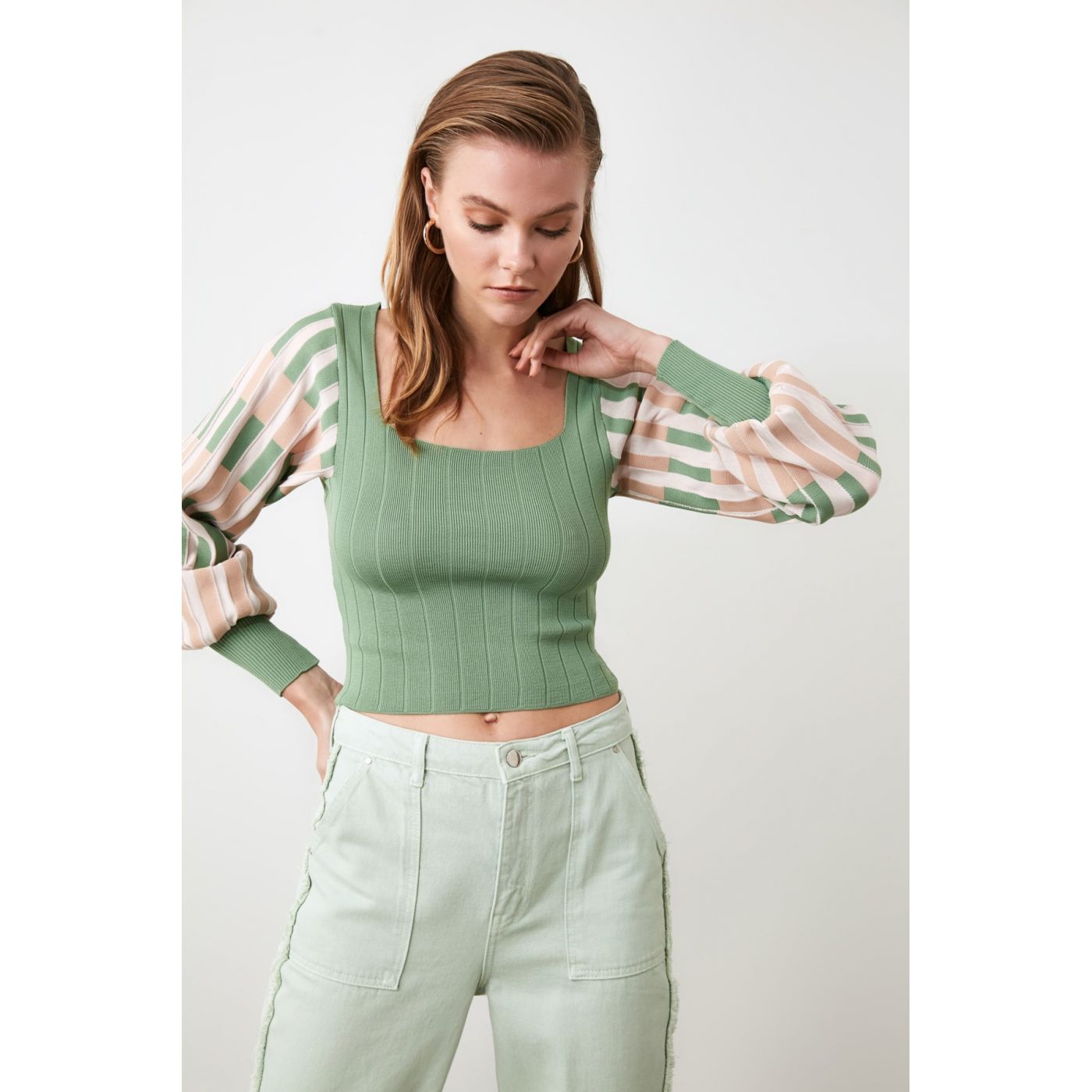 Trendyol Mint Square Collar Balloon Sleeve Knitwear Sweater