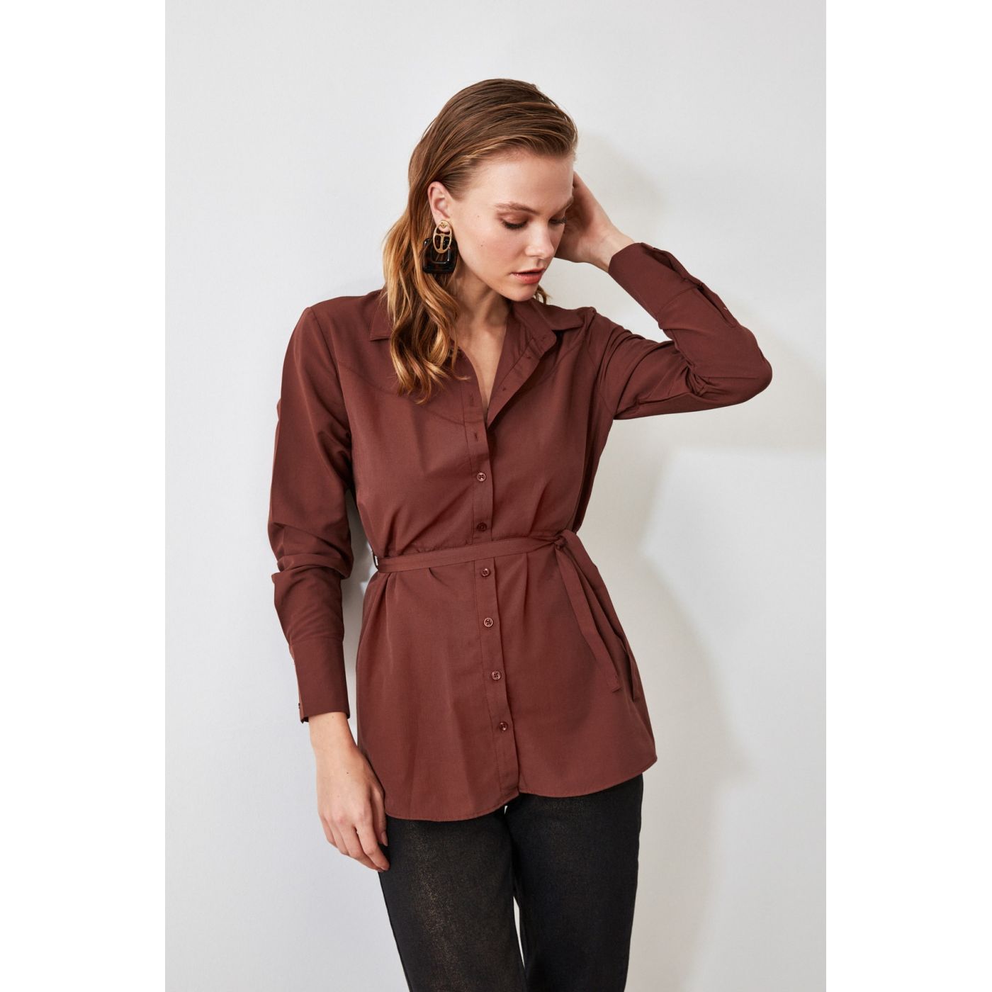 Trendyol Brown BeltEd Oversizw Shirt