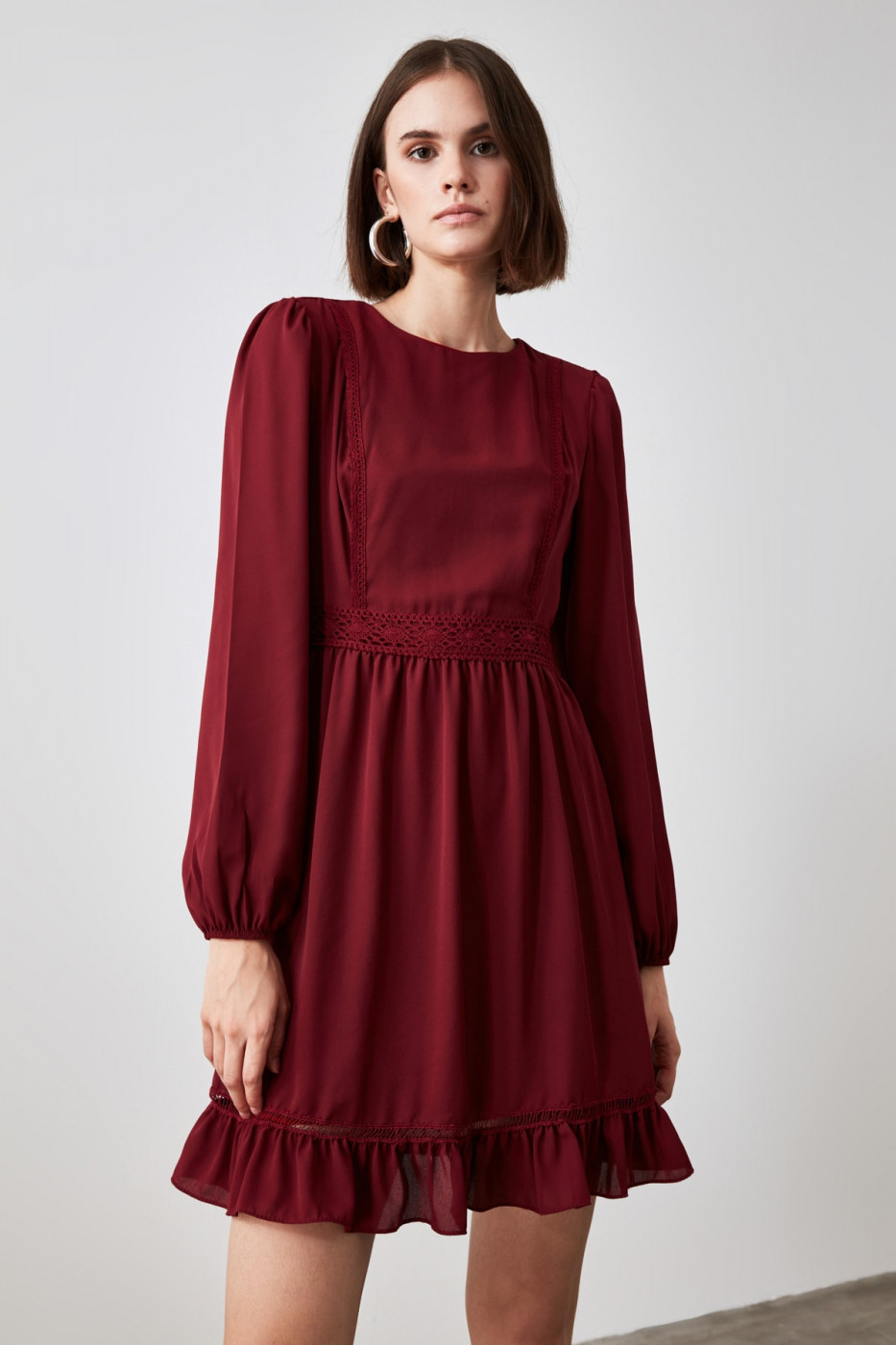Trendyol Burgundy Flywheel Lace Detailing Dress