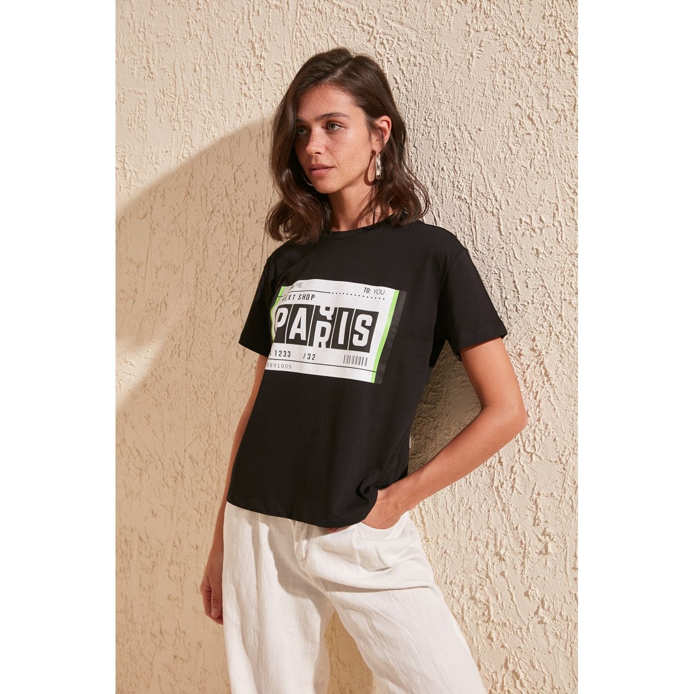 Trendyol Black Printed Semi-Fitted Knitted T-Shirt