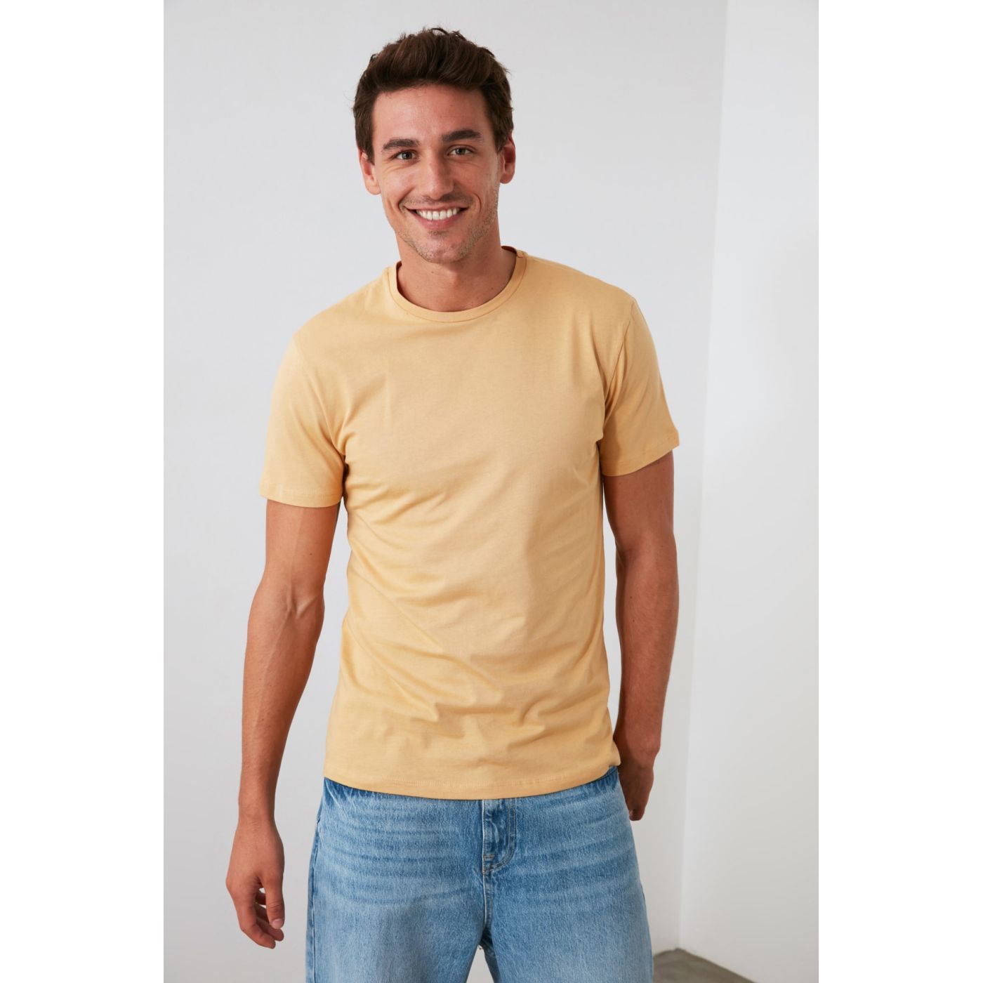 Trendyol Beige Print Men's T-Shirt - Cotton Short Sleeve Bike Collar T-Shirt