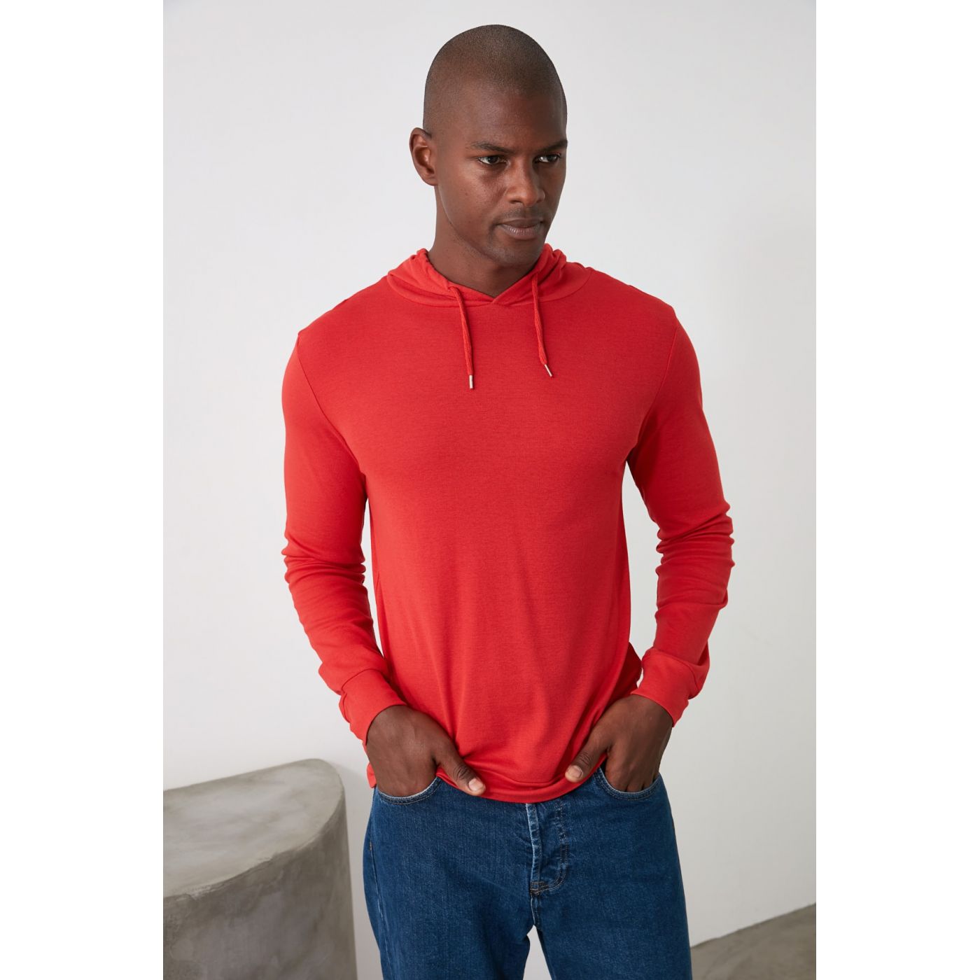 Trendyol Red Men's Long Sleeve Hooded Back Print T-Shirt