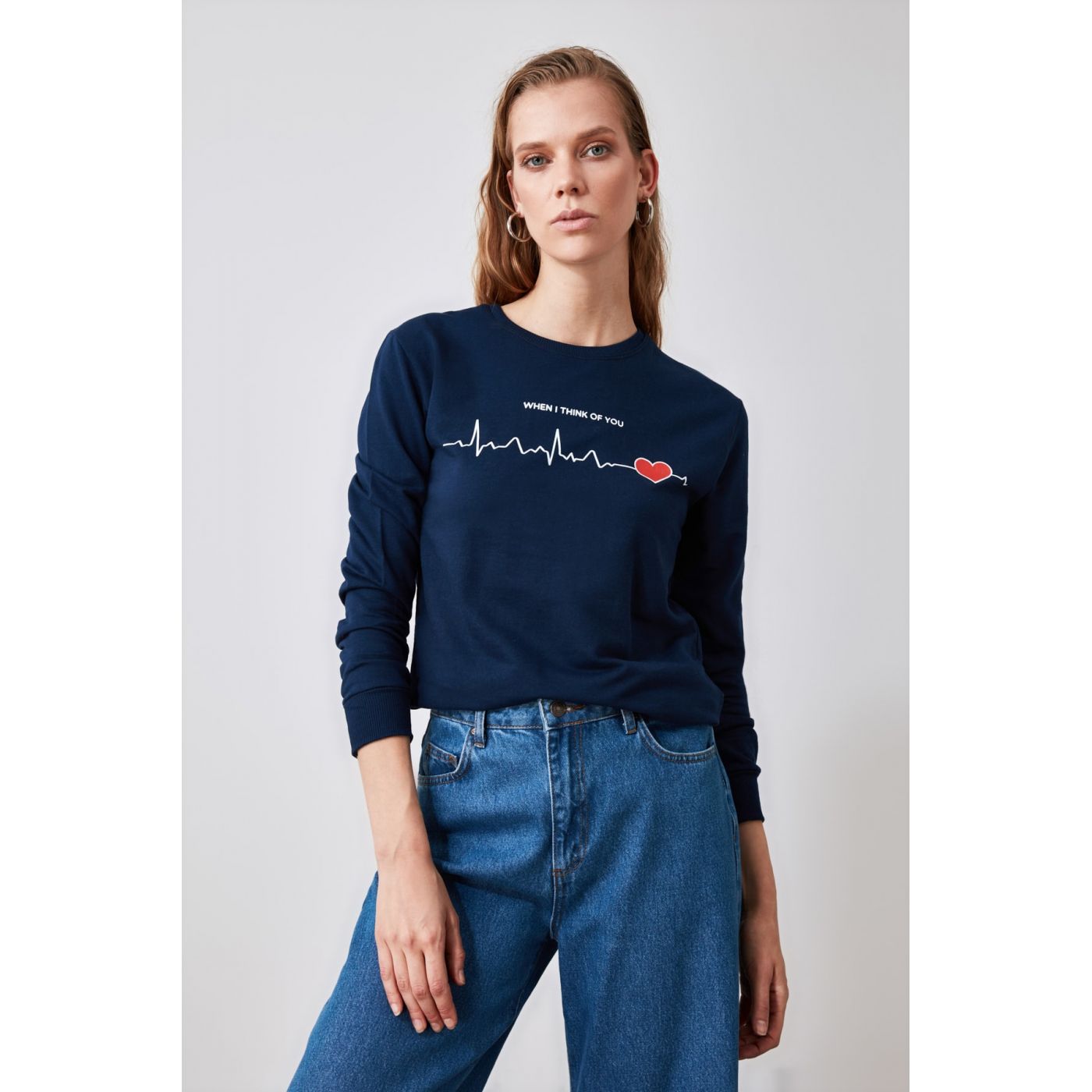 Trendyol Navy Printed Knitted Sweatshirt