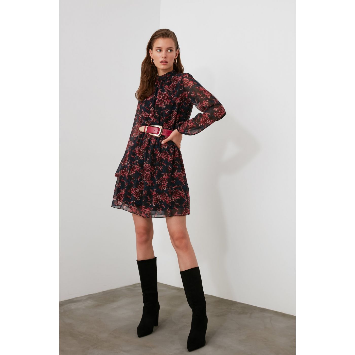Trendyol Multi-Color Neck Line Detailed Patterned Dress