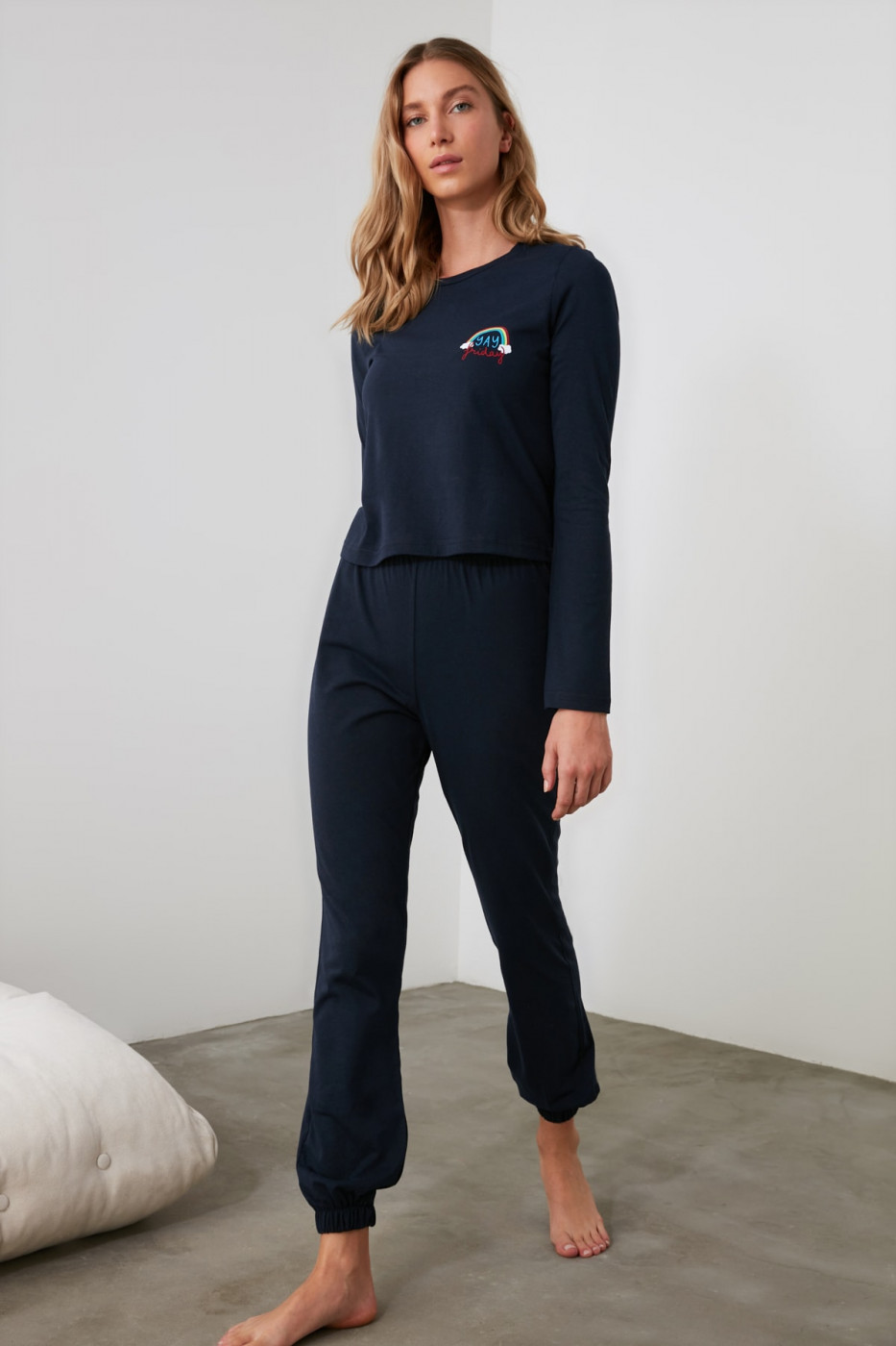 Trendyol Navy Printed Knitted Pajama Set