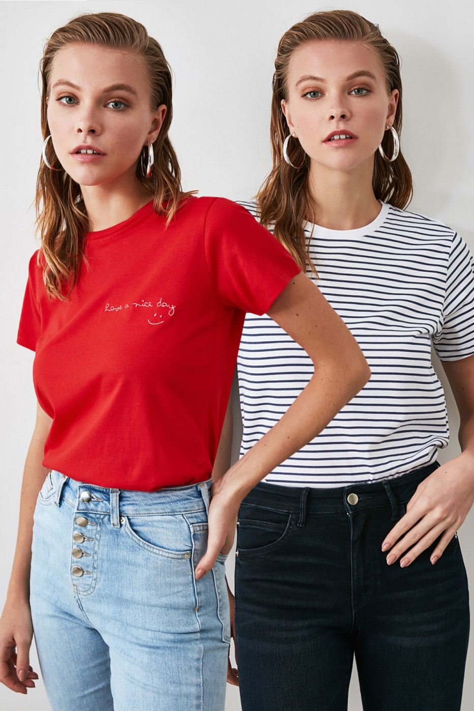 Trendyol Package Bike Collar Basic Knitted Shirt with Red Embroidery and Black And White Stripes 2-Shirt