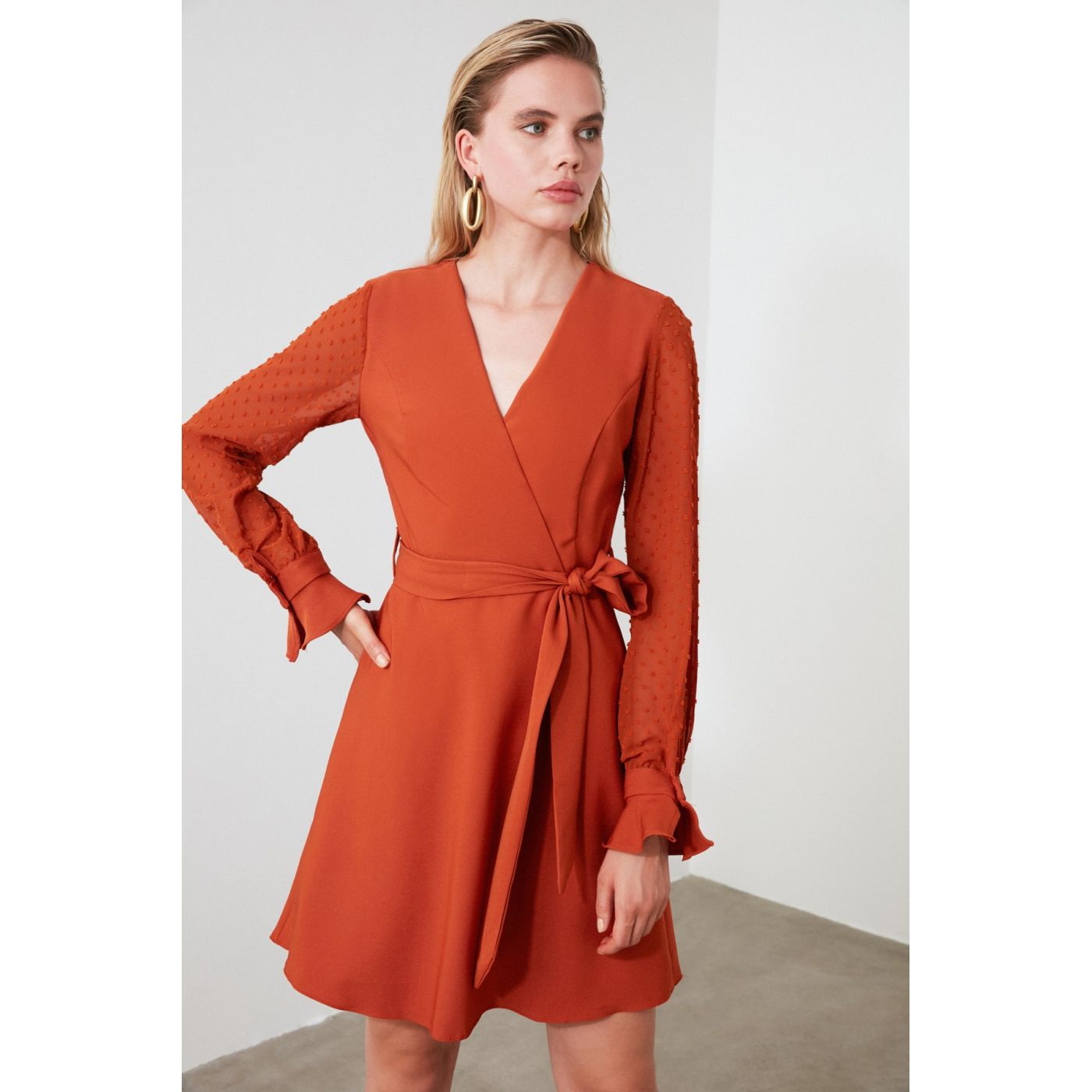 Trendyol Cinnamon Belted Arm Detailed Dress
