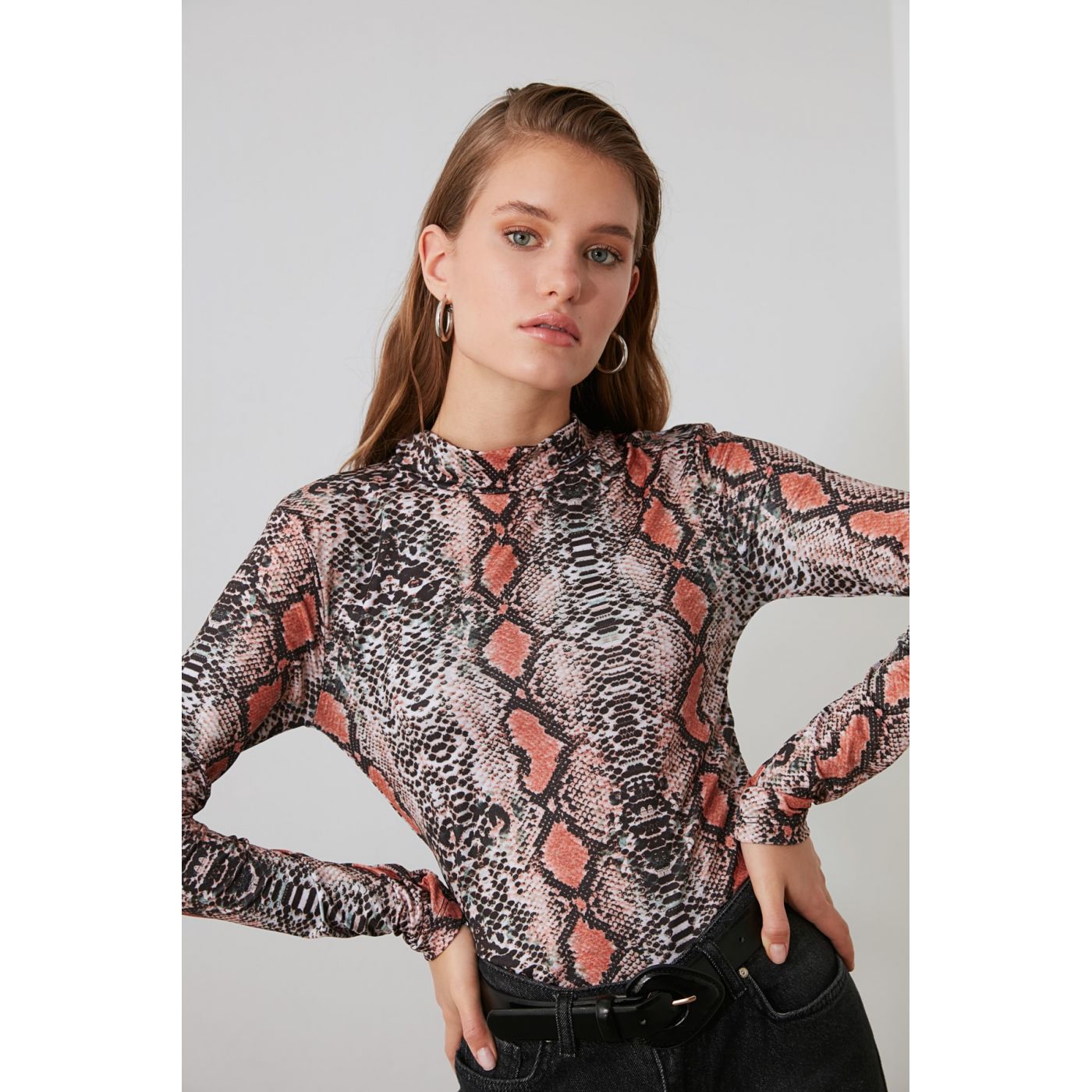 Trendyol Multicolored Snake Patterned Sheer Collar Knitted Blouse