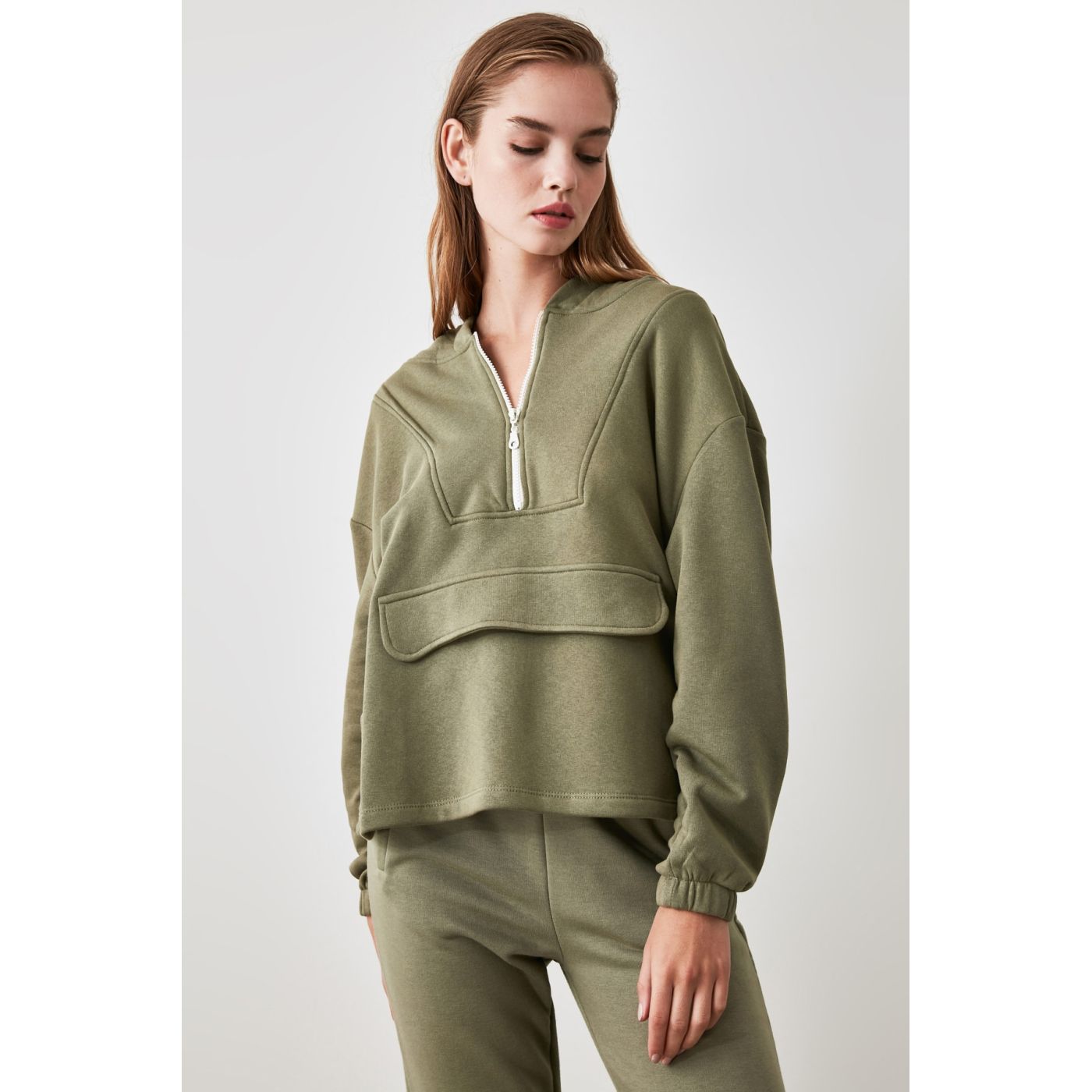 Trendyol Oversize Knitted Sweatshirt WITH Khaki Chardon