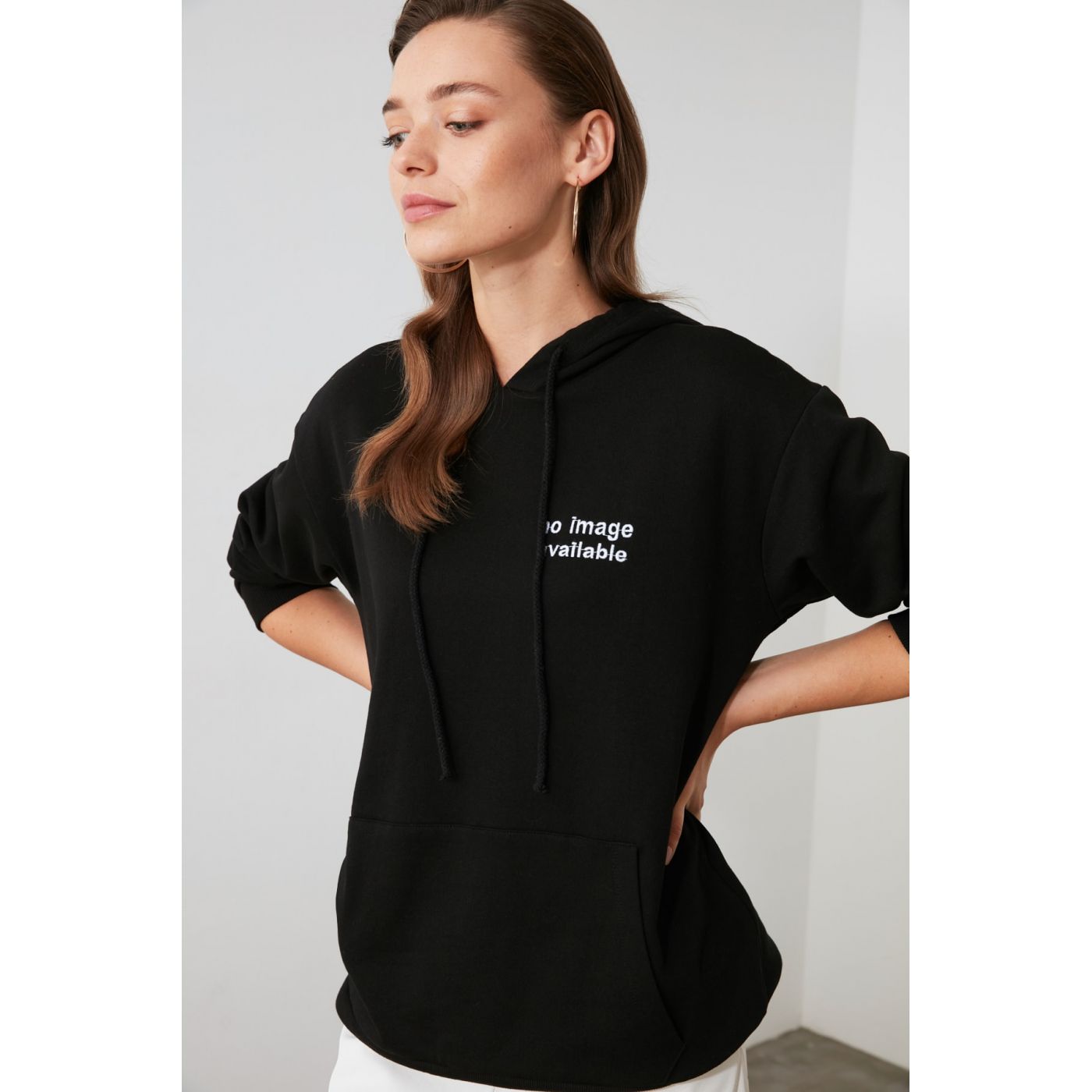 Trendyol Black Printed Hooded Boyfriend Knitted Sweatshirt