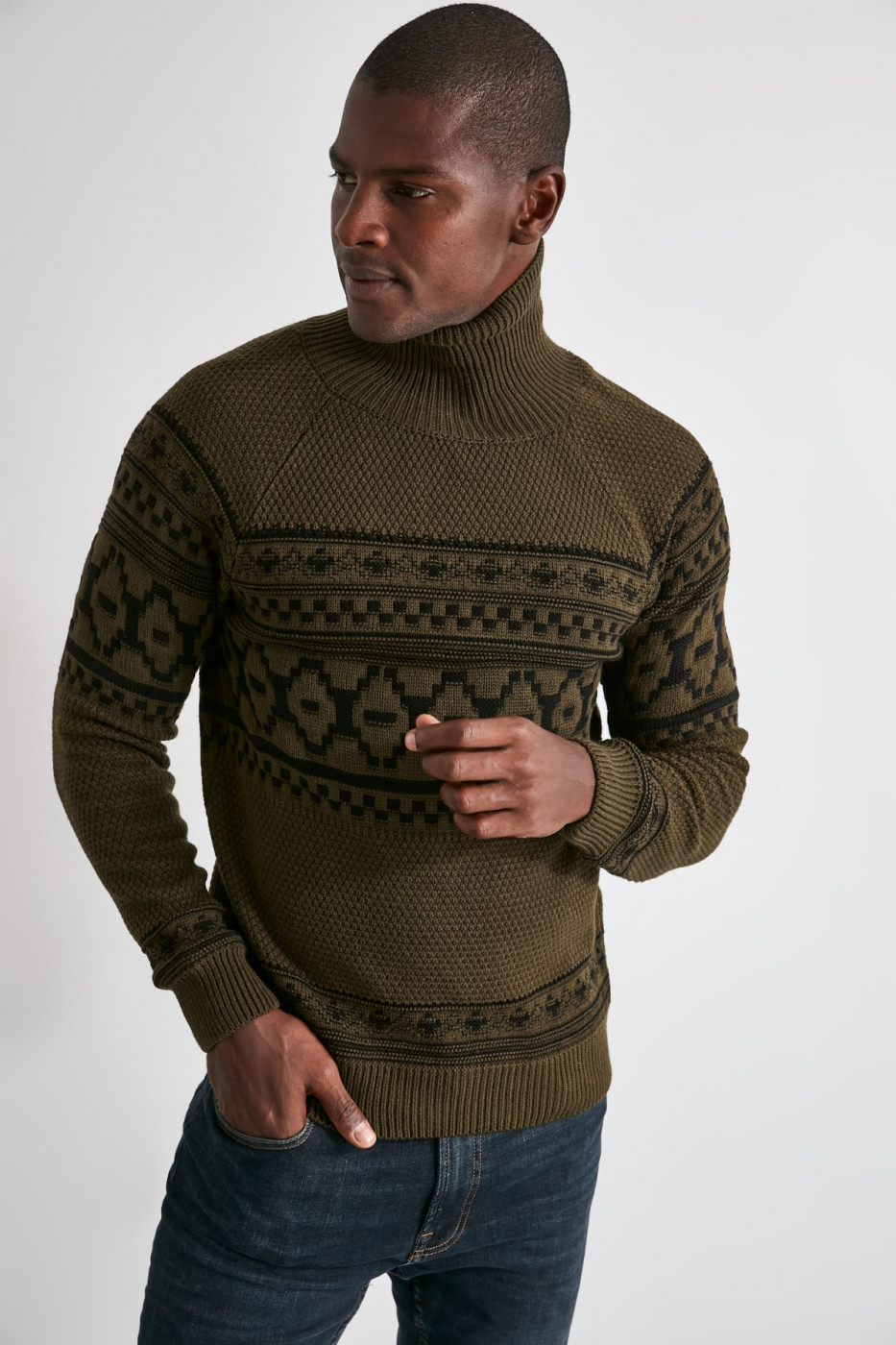 Trendyol Khaki Male Jacquard Panel Edifice Sweater