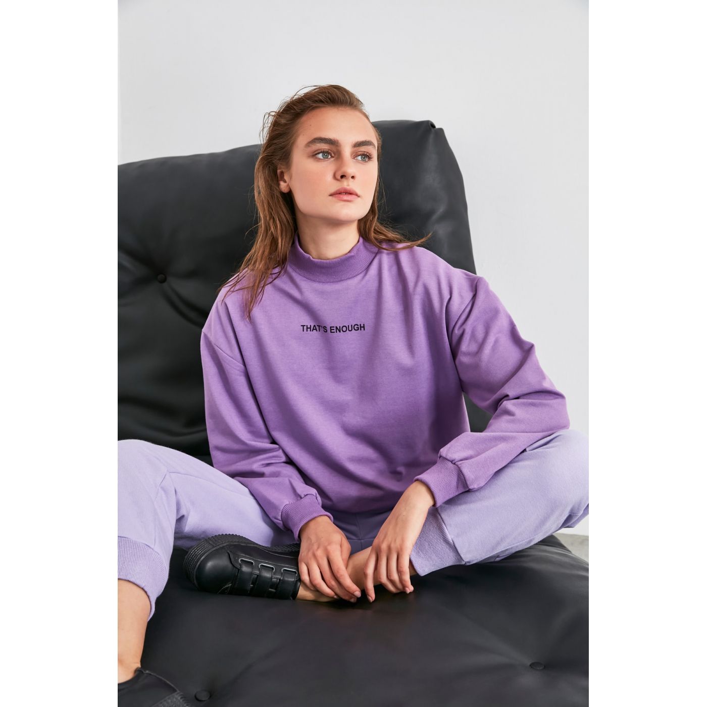 Trendyol Lila Printed Sheer Collar Knitted Sweatshirt