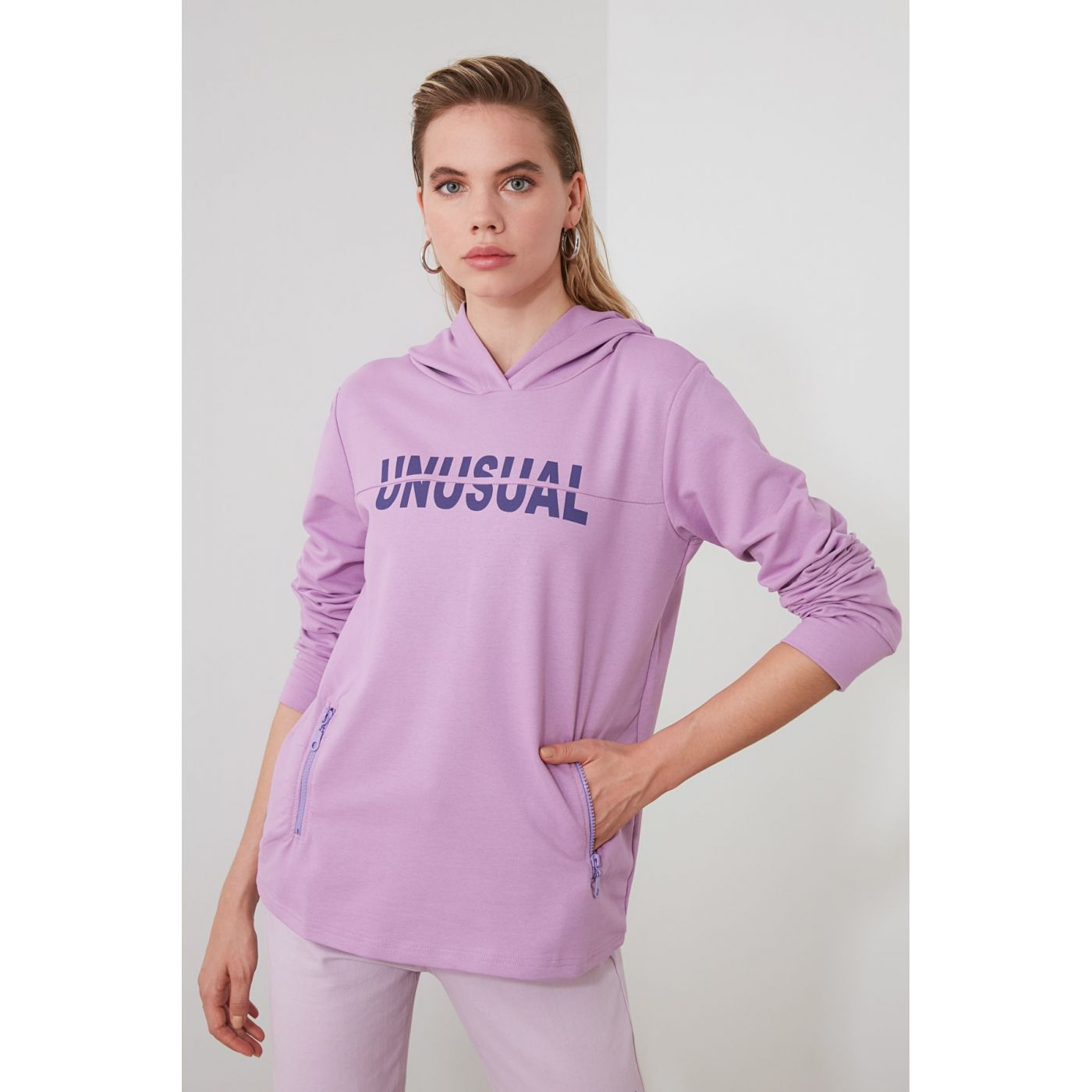 Trendyol Lila Hooded Printed Basic Knitted Sweatshirt