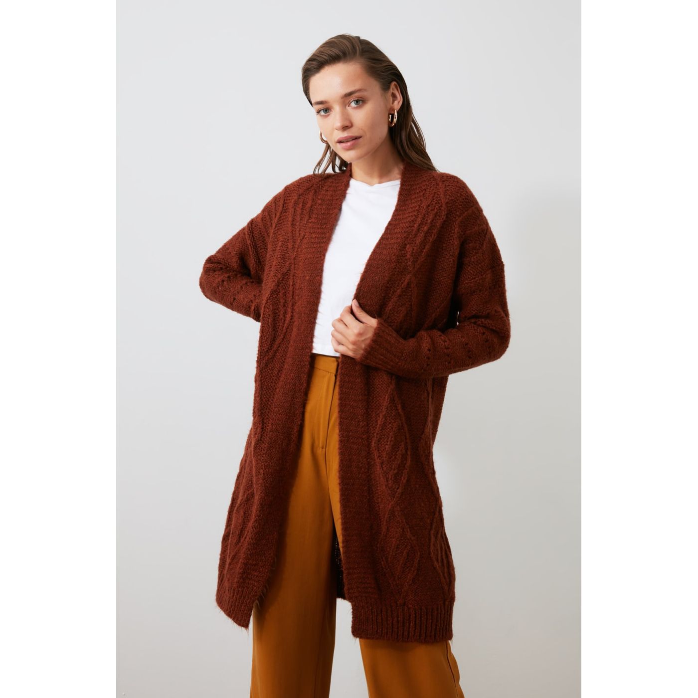 Trendyol Brown Mesh Detailed Knitwear Cardigan