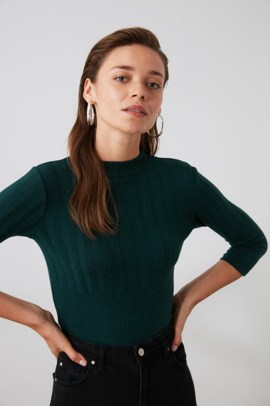 Trendyol Oil Fitilli Upright Collar Knitted Blouse