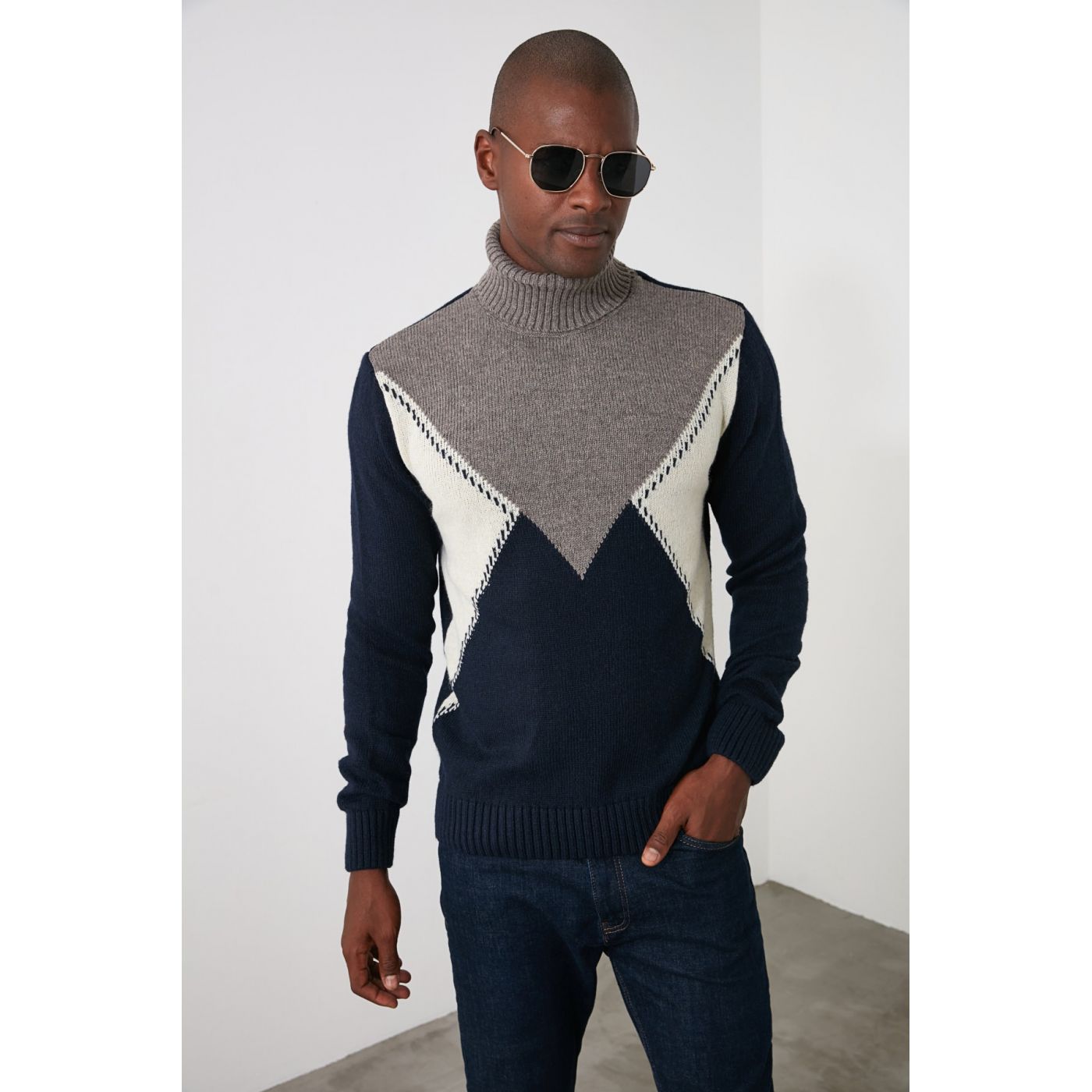 Trendyol Mink Men's Turtleneck Paneled Knitwear Sweater
