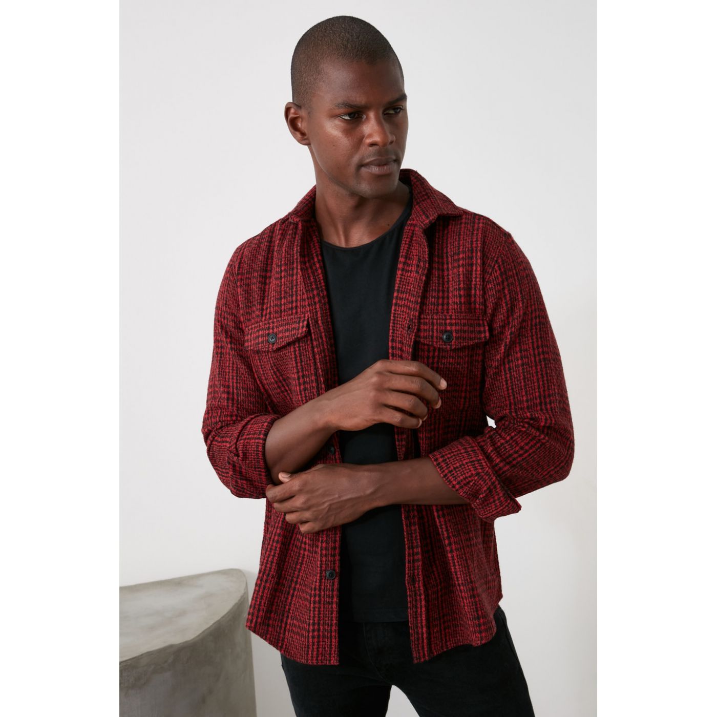 Trendyol Red Men Plaid Double Pocket Regular Shirt
