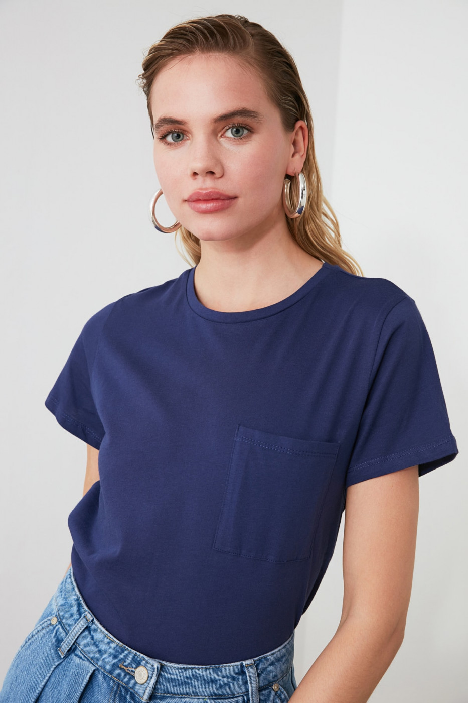 Trendyol Navy 100% Cotton Bike Collar Pocket Basic Knitted Shirt