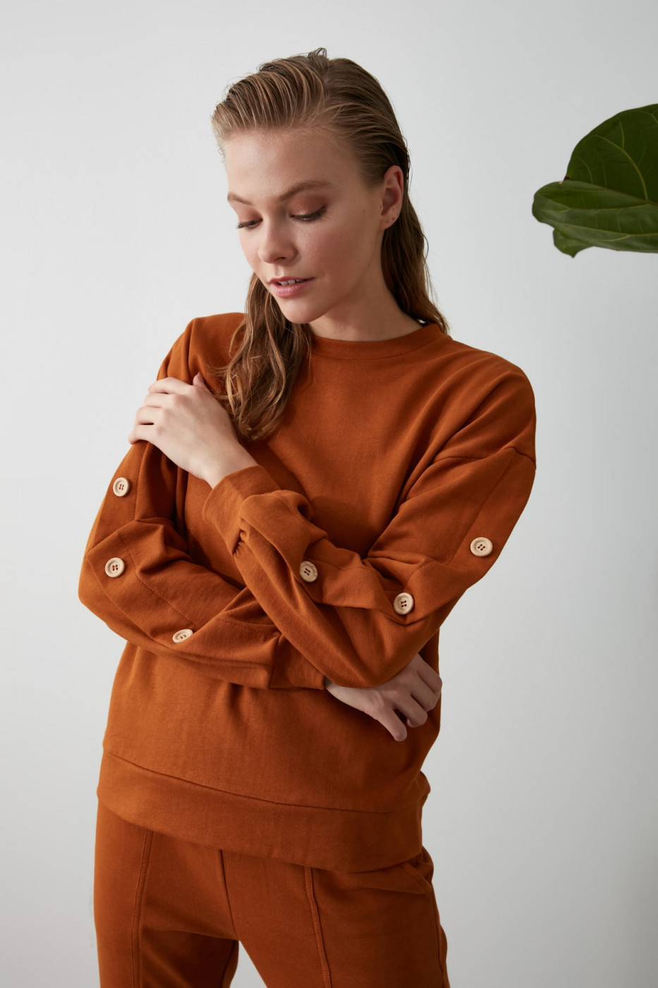 Trendyol Cinnamon Button 100% Organic Cotton Basic Knitting Sweatshirt