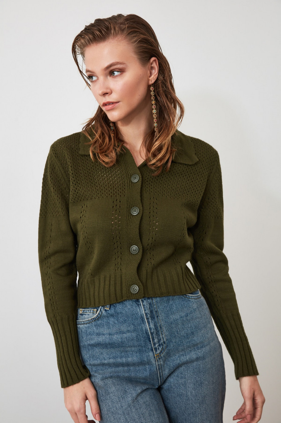 Trendyol Khaki Polo Collar Blindk Cardigan