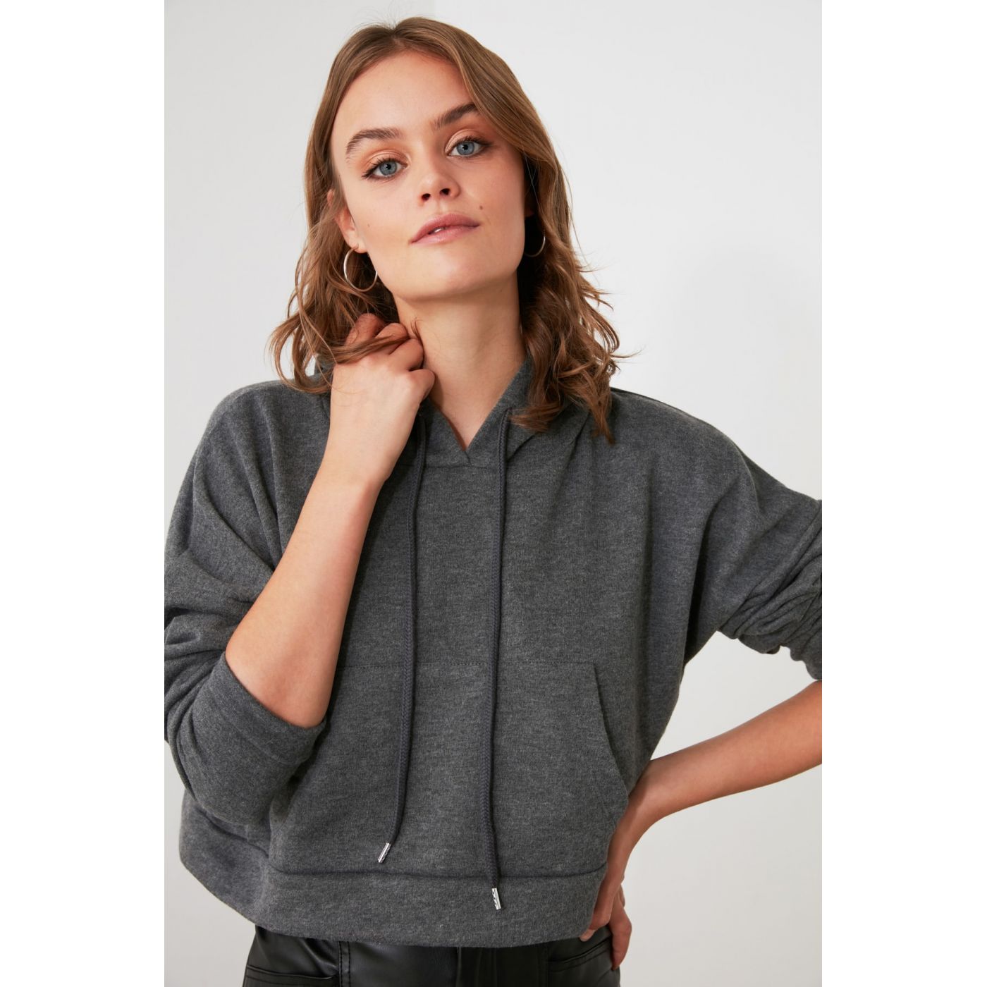 Trendyol Anthracite Hooded Crop Knitted Sweatshirt