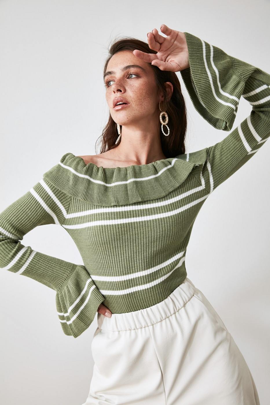 Trendyol Mint Carmen Collar Striped Knitwear Sweater