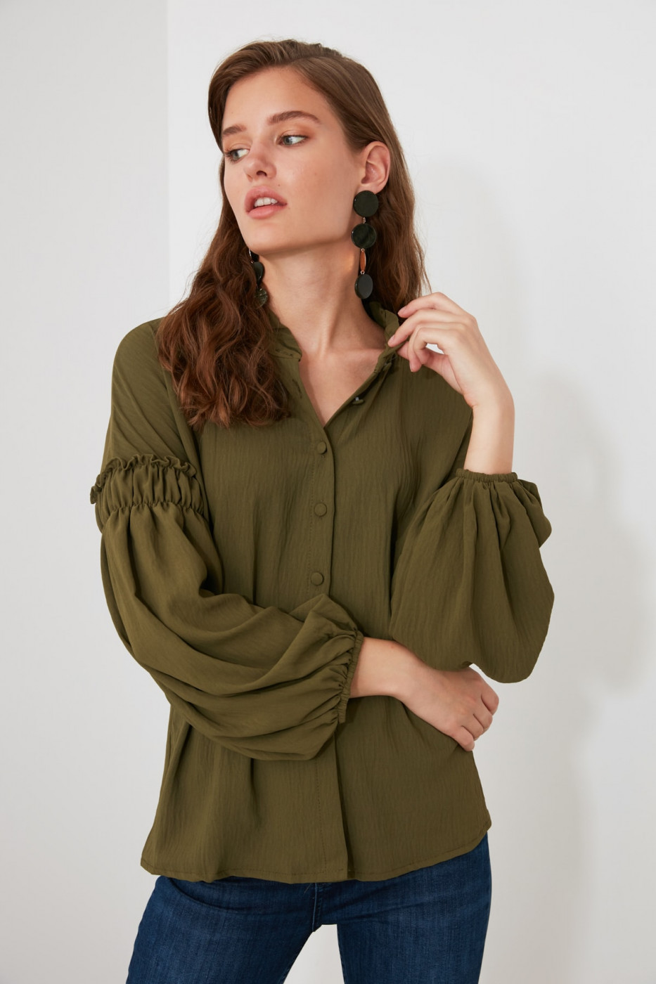 Trendyol Khaki Arm Detailed Upright Collar Shirt