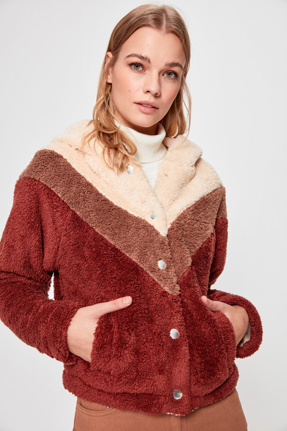 Trendyol Brown Color Block Hooded Plush Coat
