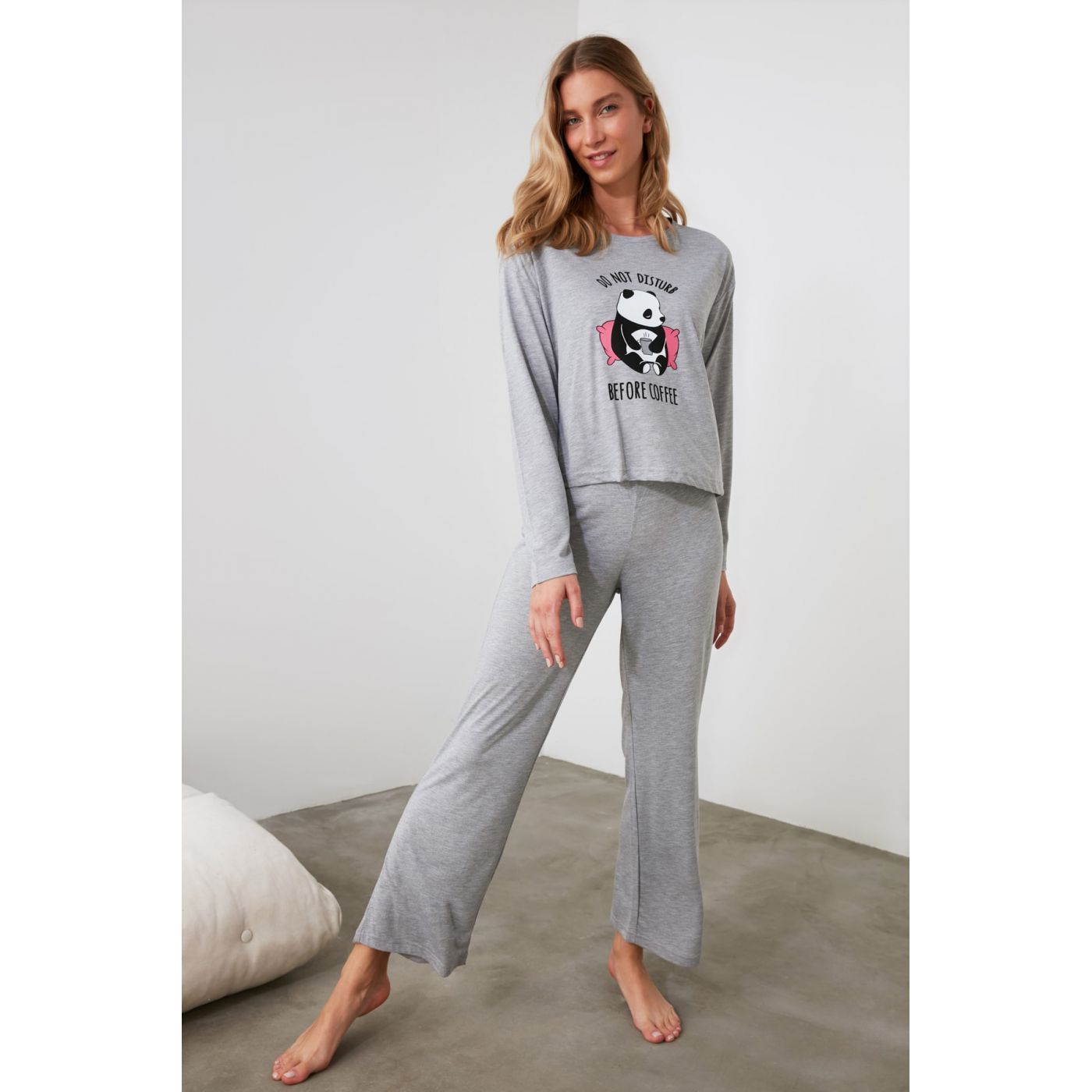 Trendyol Grey Panda Printed Knitted Pajama Set