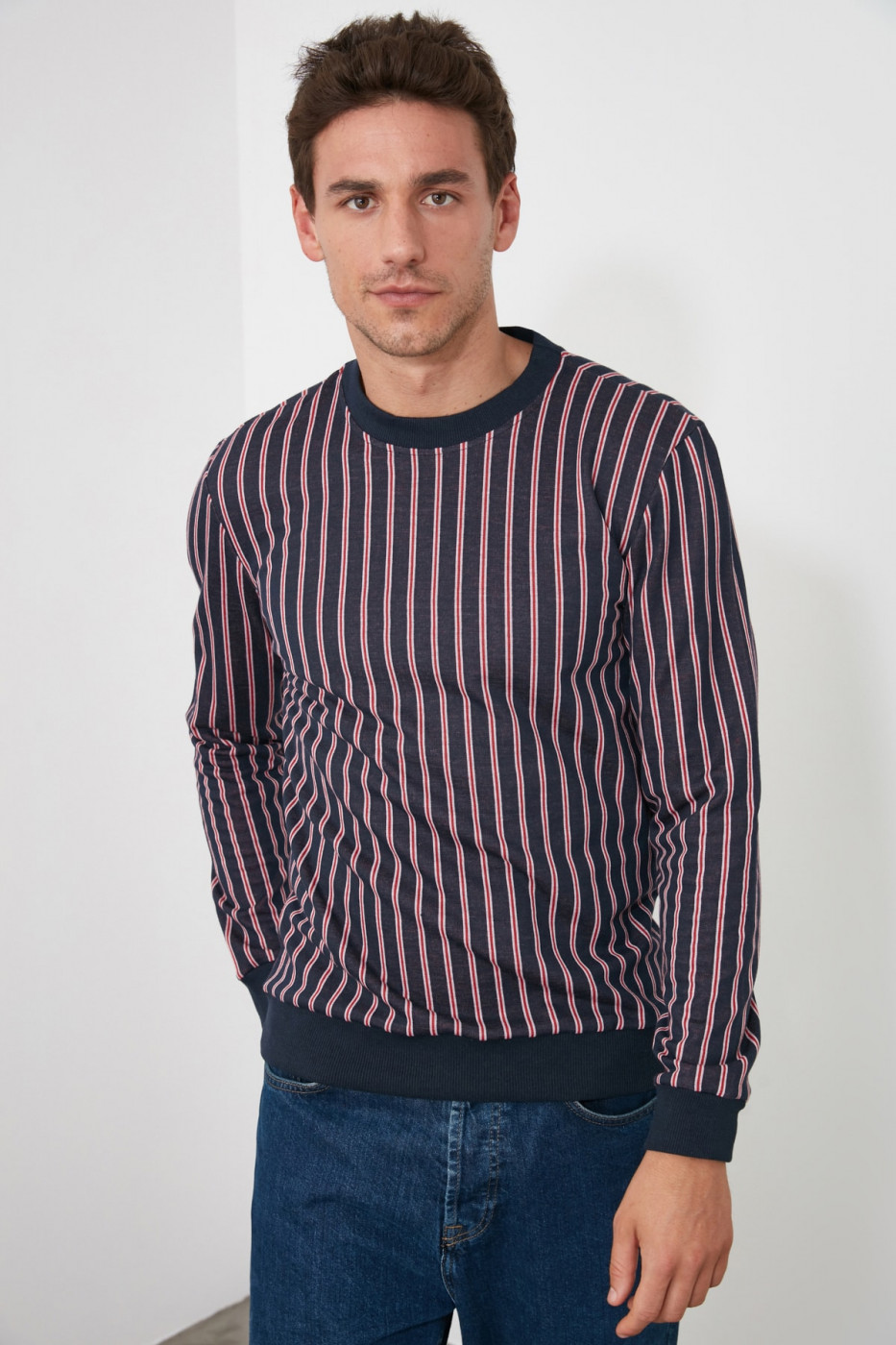 Trendyol Navy Men's Striped Bicycle Collar Sweatshirt