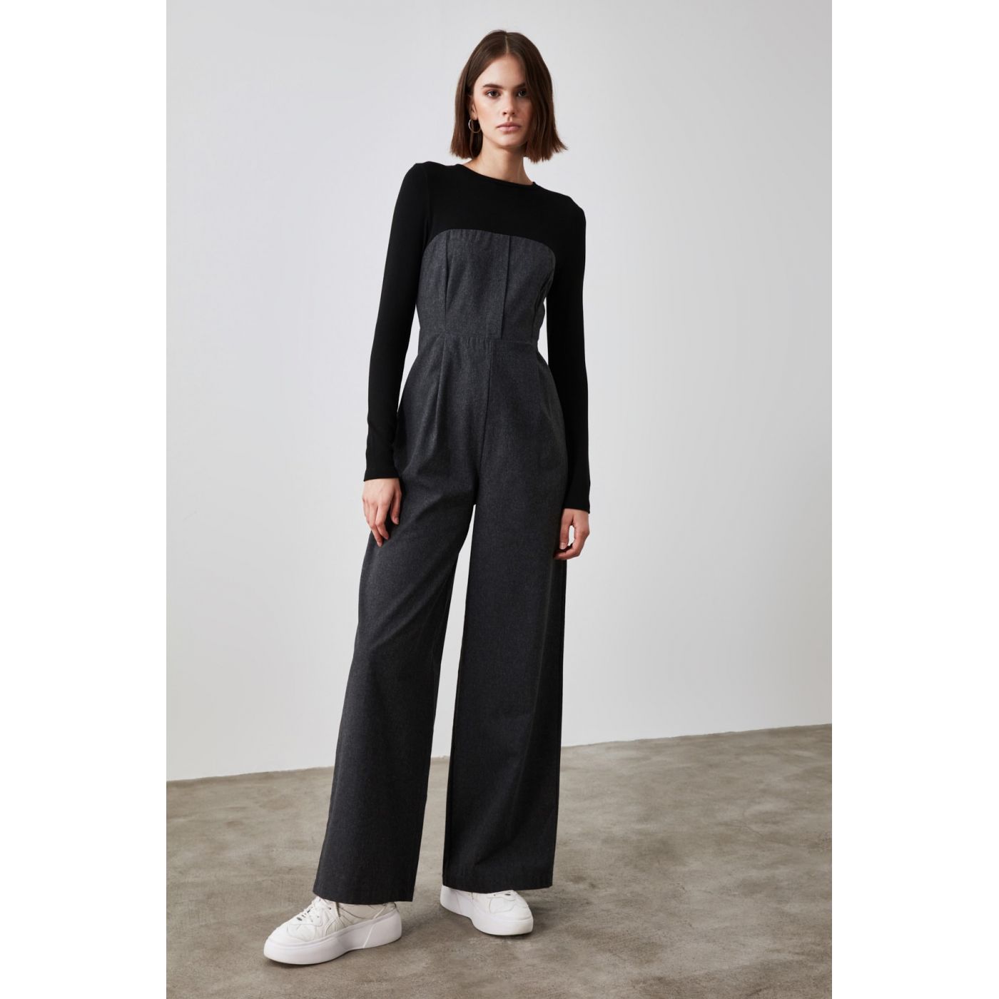 Trendyol Anthracite Knitted Fabric Detailed Jumpsuit