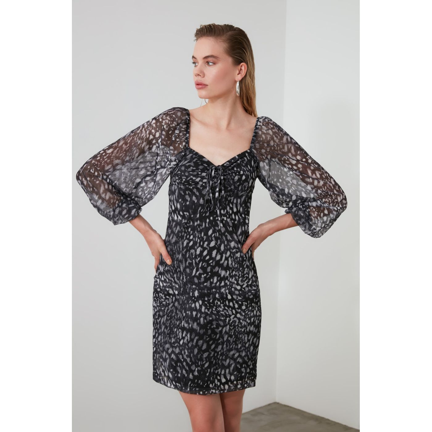Trendyol Blue Square Neck Pattern Tulle Mini Knitting Dress