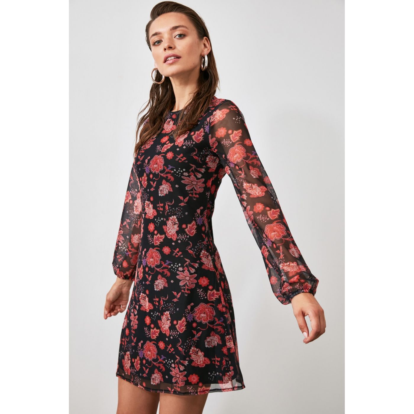 Trendyol Burgundy Patterned Tulle Knitting Dress