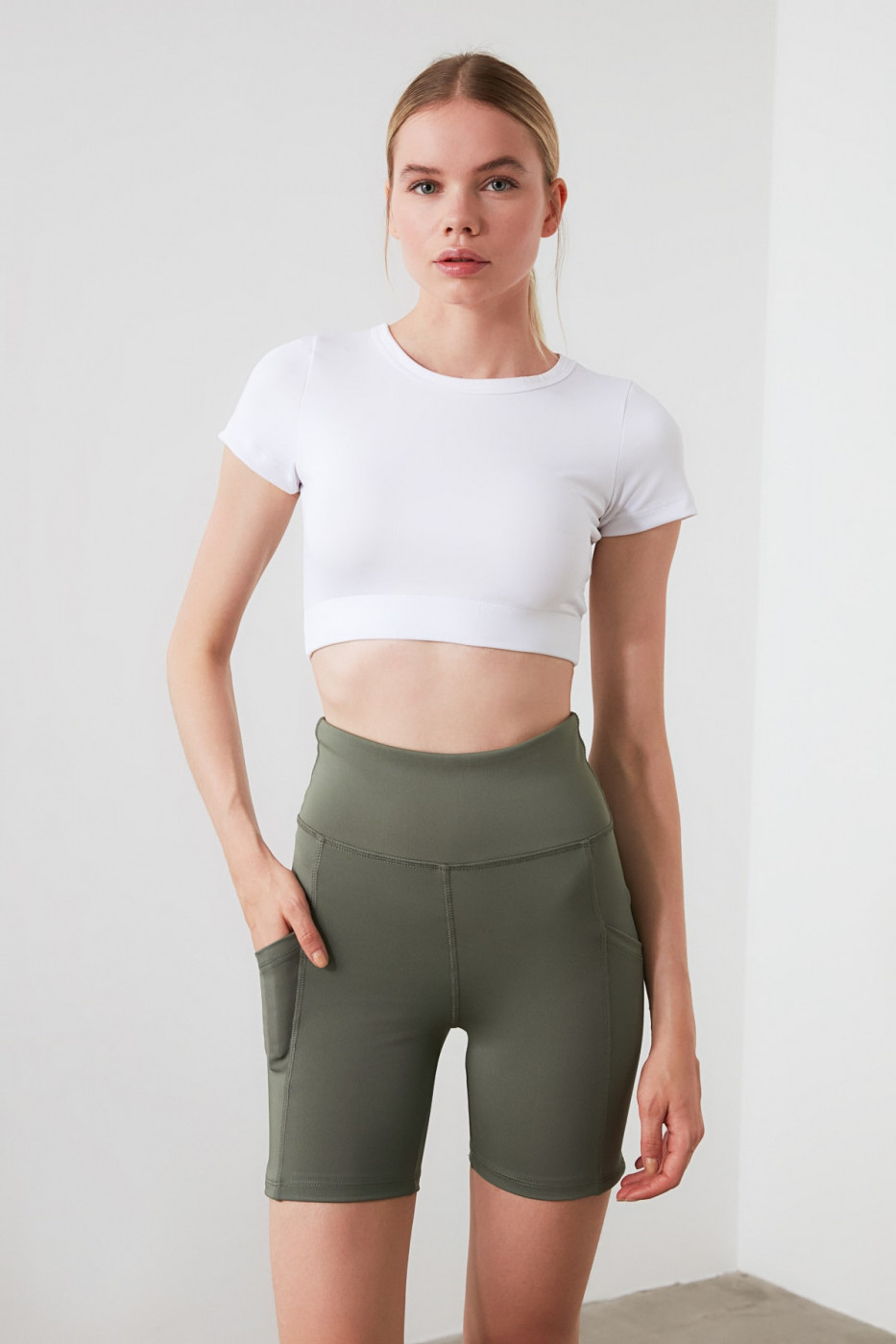 Trendyol Khaki High Waist Pocket Detailed Sports Shorts