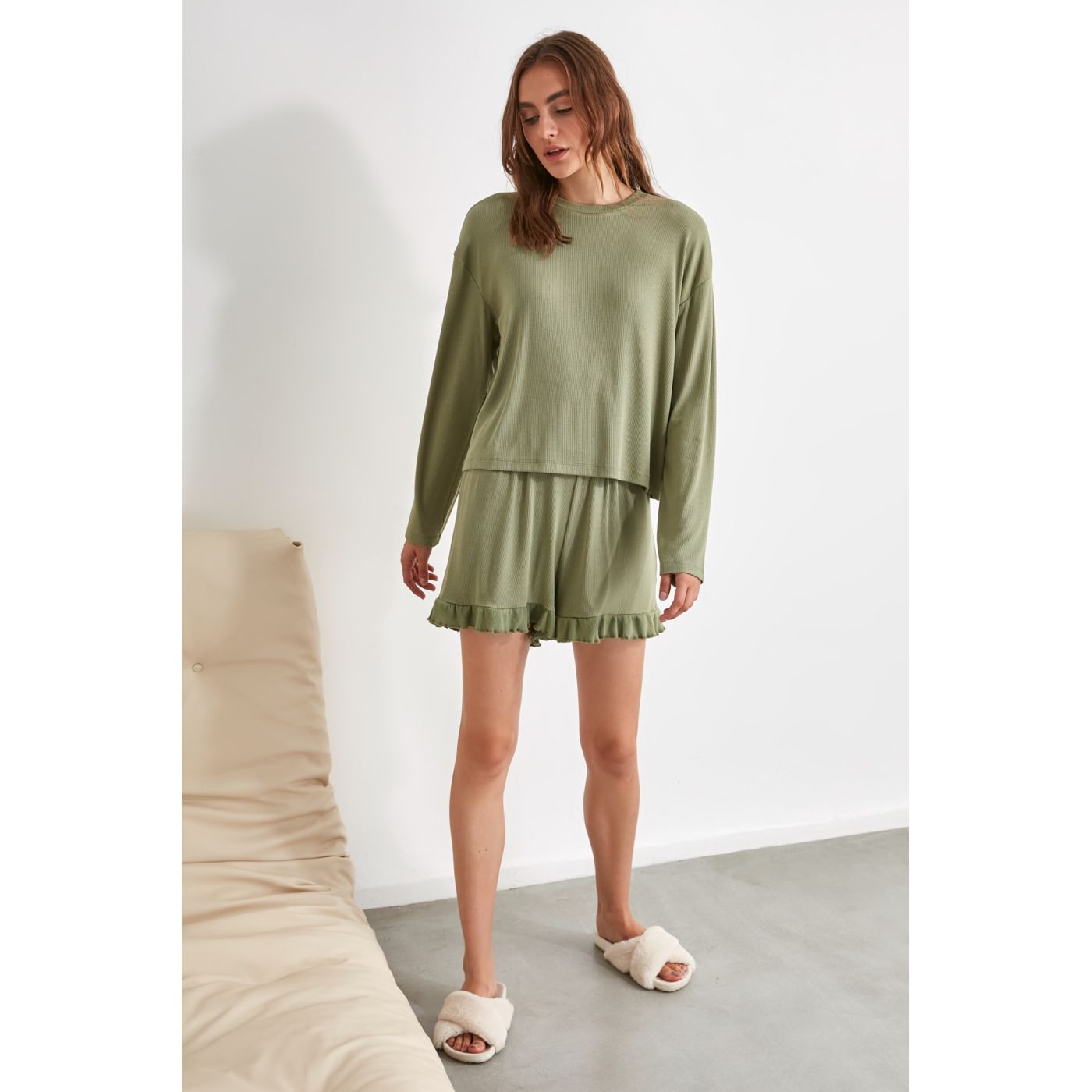 Trendyol Khaki Frill Detailed Knitted Pyjamas Set